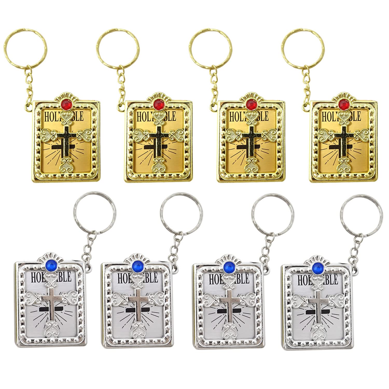 Honbay8PCS Mini Bible Keychain Miniature Book Keyring Gold Silver Holy Bible Religious Favor for Baptism Church Communion Wedding Shower (2 Color)