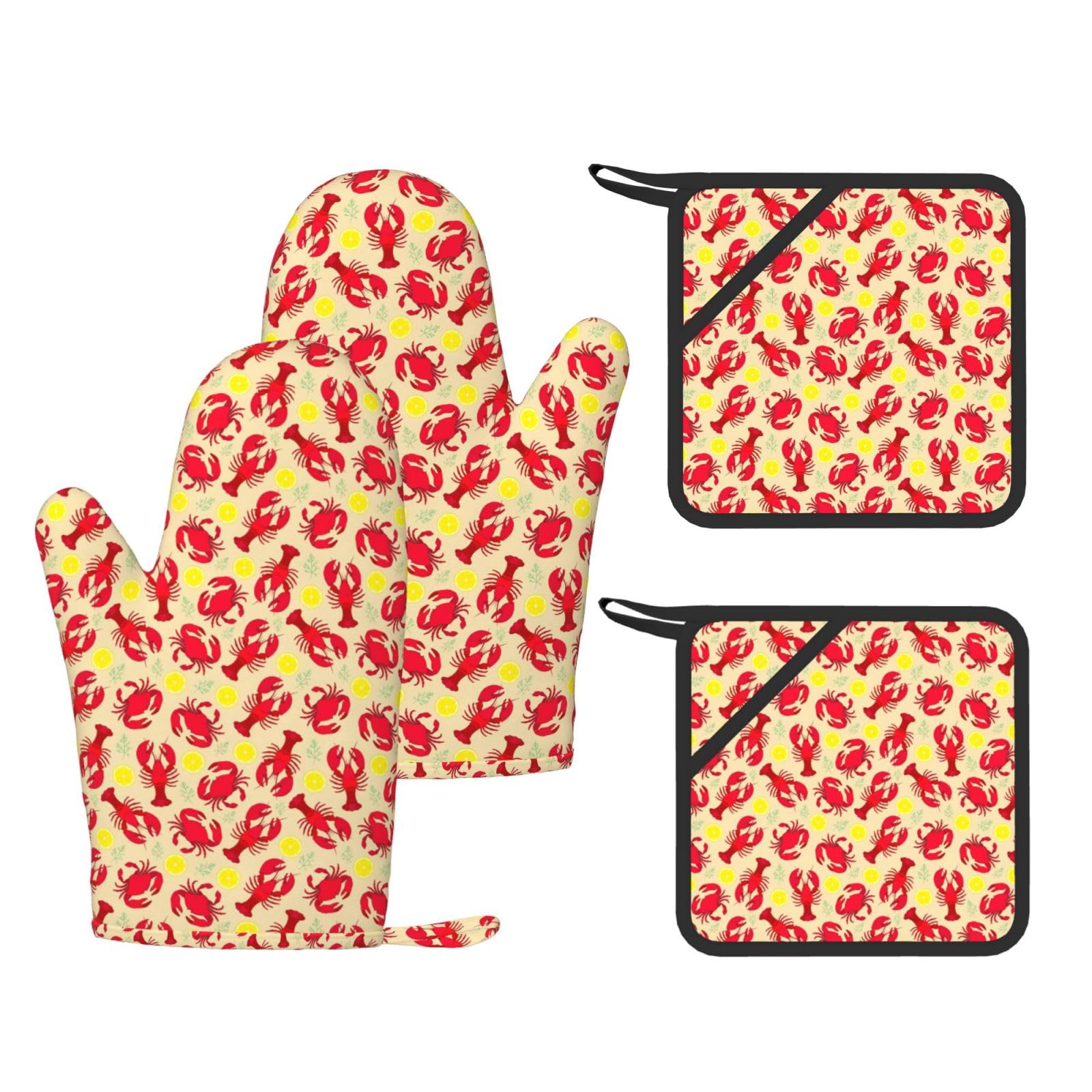 Lobster and Crab Printed Cooking Mitts and Pot Holders 4 Pcs, Heat Resistant Oven Gloves with Hanging Loop Chef