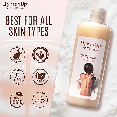 Miniatura 6 de OMIC Lighten-Up LightenUp - Gel de ducha exfoliante con ácido láctico, 33.8 onzas líquidas, con manteca de karité, aceite de coco, para todo tipo de