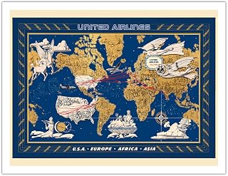 United Airlines - World Air Routes - USA Europe Africa Asia - Vintage Airline Travel Poster by Lucien Boucher c.1949 - Fine Art Matte Paper Print (Unframed) 20x26in