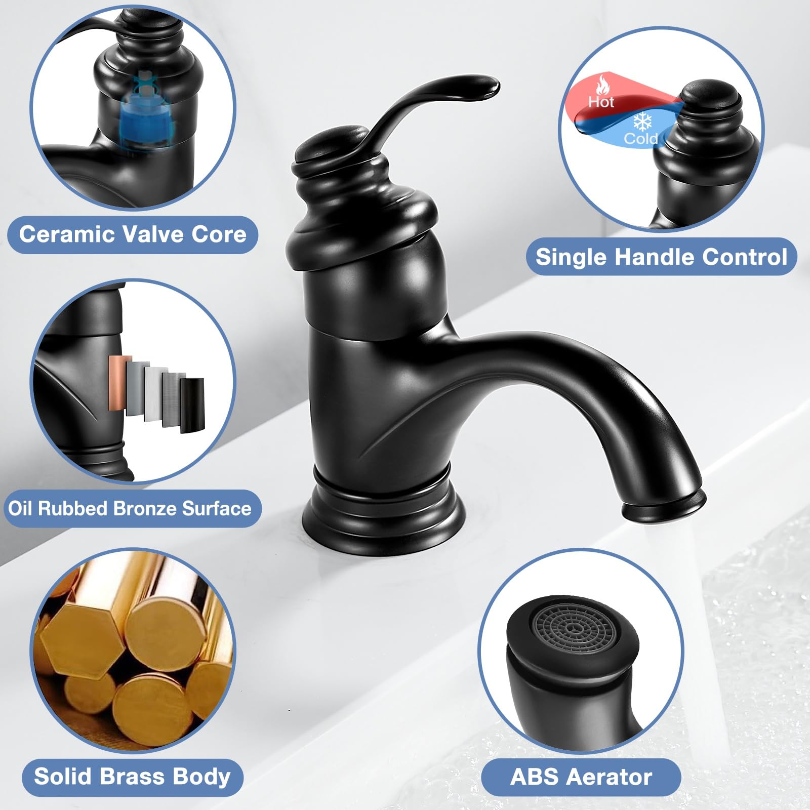 Wasserhahn Bad Schwarz Retro, Waschtischarmatur Retro Waschbecken Armaturen mit Niedriger Auslauf, Einhebel Mischbatterie Waschbecken aus Messing für Badezimmer, G3/8