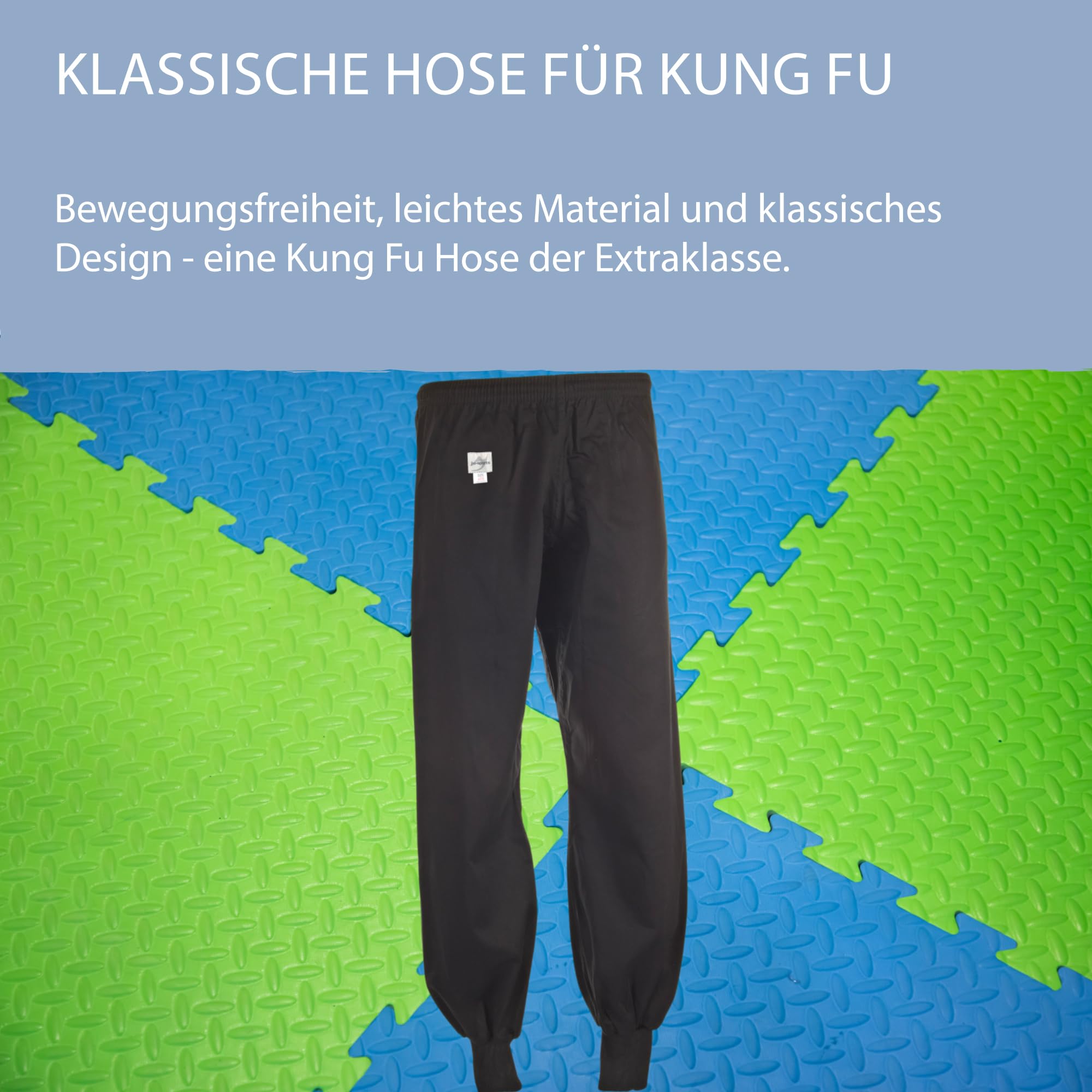 Ju-Sports Kung Fu Hose Herren & Damen schwarz - Leichte Hose mit Gummizug mit Zusatzschnürung, 100% Baumwolle, Mit klassischem Kung Fu Bündchen