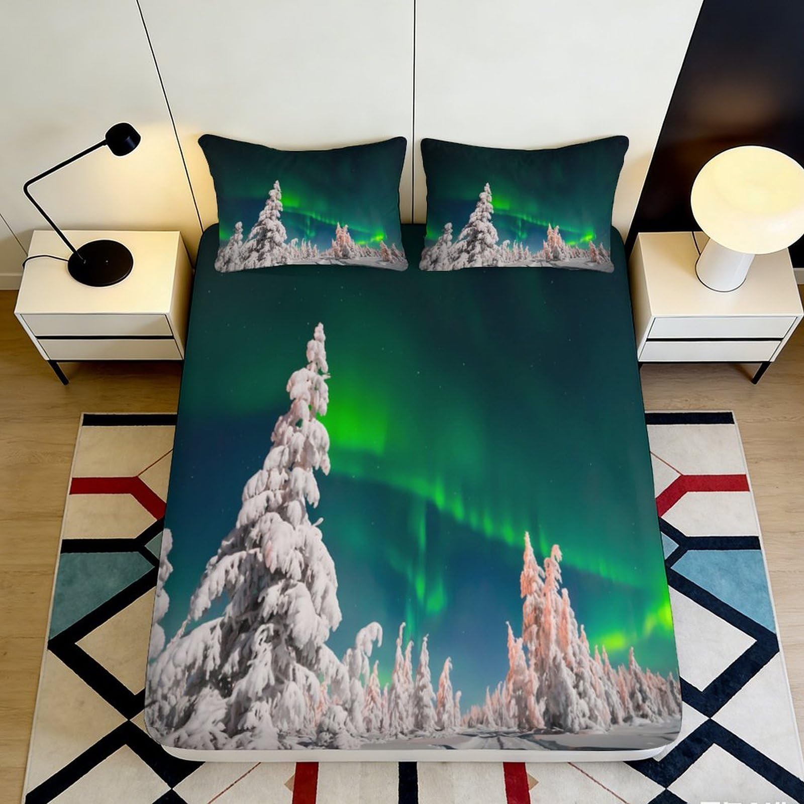 3D Printed Northern Lights Fitted Sheet Microfiber Soft Breathable Snowy Forest Bed Cover for Bedroom Dormitory Guest Room Mattress Protection 160x200x25cm
