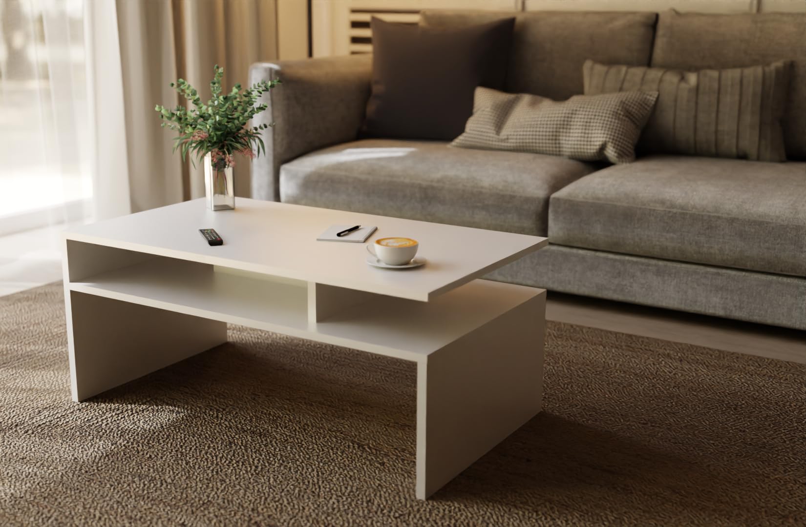MeblePitus Couchtisch ST-4 Weiß – Moderner rechteckiger Wohnzimmertisch 90×50×45 cm im skandinavischen Stil – Sofatisch mit Ablagefach, robust & pflegeleicht