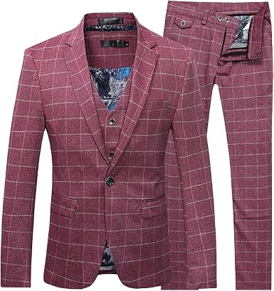 Traje a Cuadros Moderno para Hombre Traje de 3 Piezas Blazer Vintage  Chaqueta Tux Chaleco y Pantalones Azul Rojo: Amazon.es: Ropa
