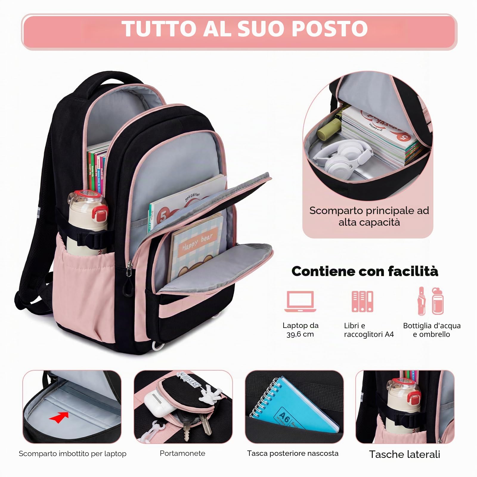 Amythe Zaino Scolastico per Ragazze 10-18 Anni 3 Pezzi - Set Scuola Medio con Zaino, Borsa e Astuccio - Zaini per Ragazze Scuola Media Grande Impermeabile per Porta PC 15 -Rosa | Set scuola - Zaino grande da ragazza + tracolla + astuccio, impermeabile leg