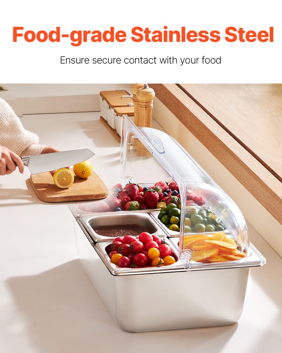 VEVOR Saladette Réfrigérée à Poser avec 5 Plateaux de Service en Acier Inoxydable, Vitrine Réfrigérée Comptoir avec Couvercles Transparents et 3 Bacs à Glaçons, pour Restaurant Hôtel Cuisine Fête