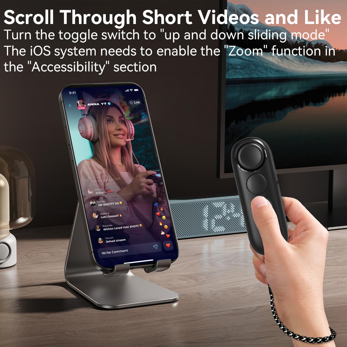 Mando a Distancia Bluetooth con Soporte para Aplicación de Lectura, Videos de TikTok/Youtube y Disparo Remoto, Pasapáginas Universal, Compatible con iPhone, iPad, Teléfonos y Tabletas Android, Ligero - 5