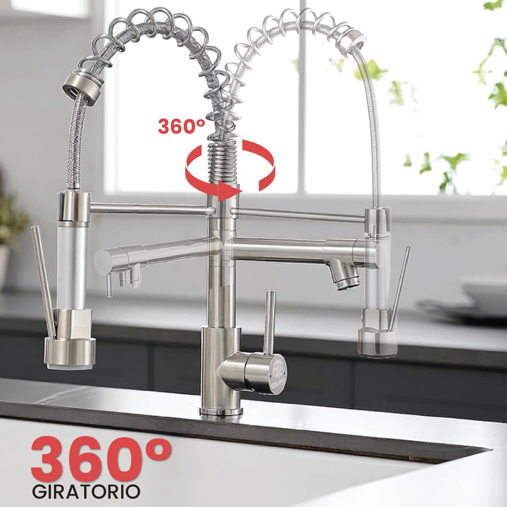 GOLDMAN SERVICE | Grifo Cocina Monomando Extraíble con Caño – Acero Inoxidable, 2 Modos Agua (Spray/Flujo), Giratorio 360°, Manguera 40cm, Instalación Rápida, Grifo Fregadero Flexible