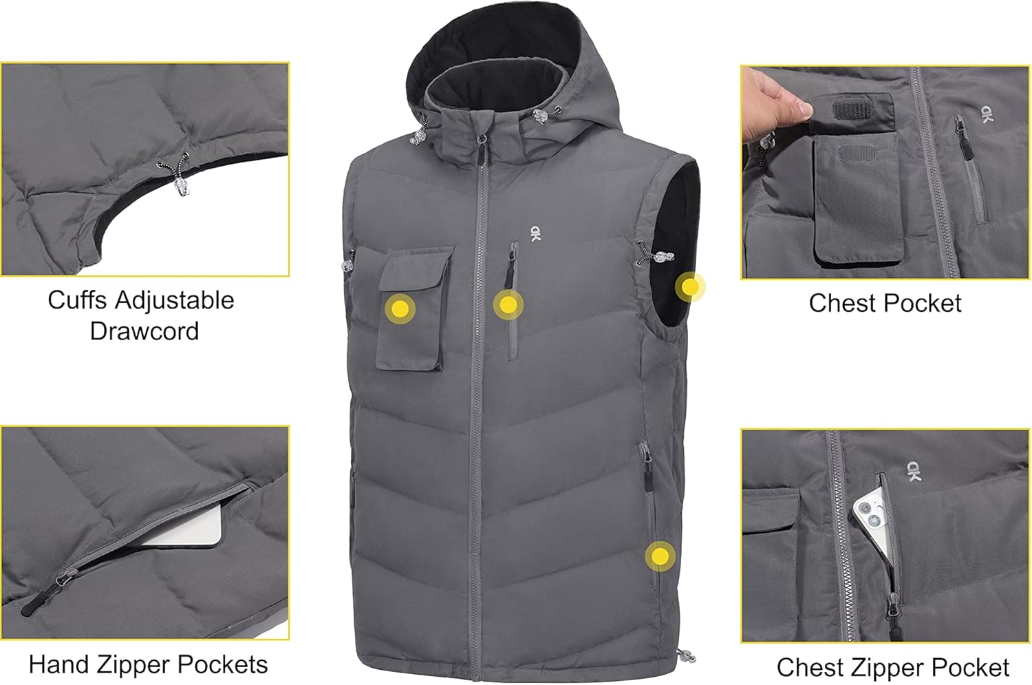 Little Donkey Andy Men's Reversible Fleece Puffy Vest Warm Sleeveless Puffer Jacket with Removable Hood for Golfing Hiking - Image 5