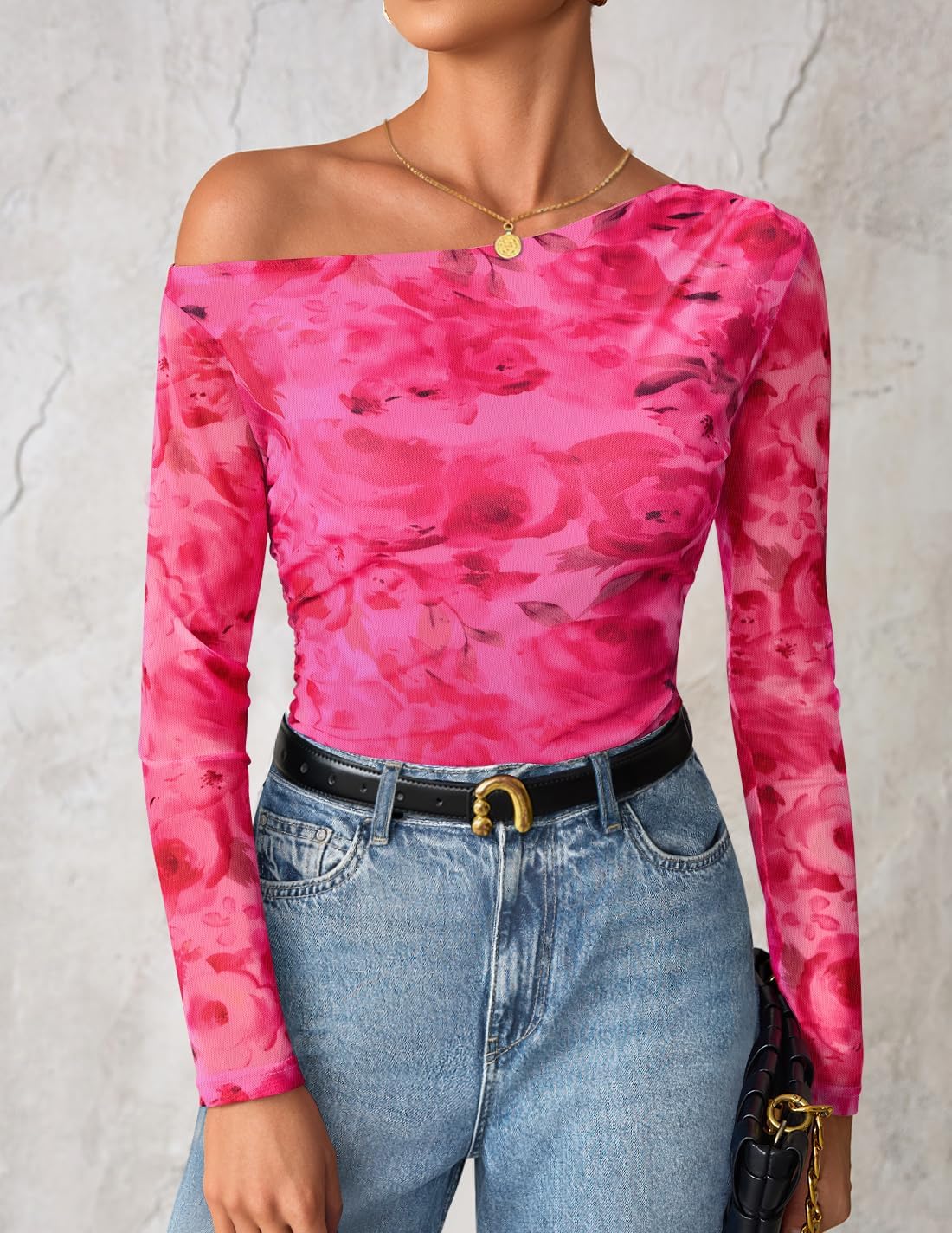 ZESICA Women's Floral Off Shoulder Long Sleeve Tops 2026 Spring Mesh Ruched Fitted Trendy Going Out Shirts Blouses - Image 7