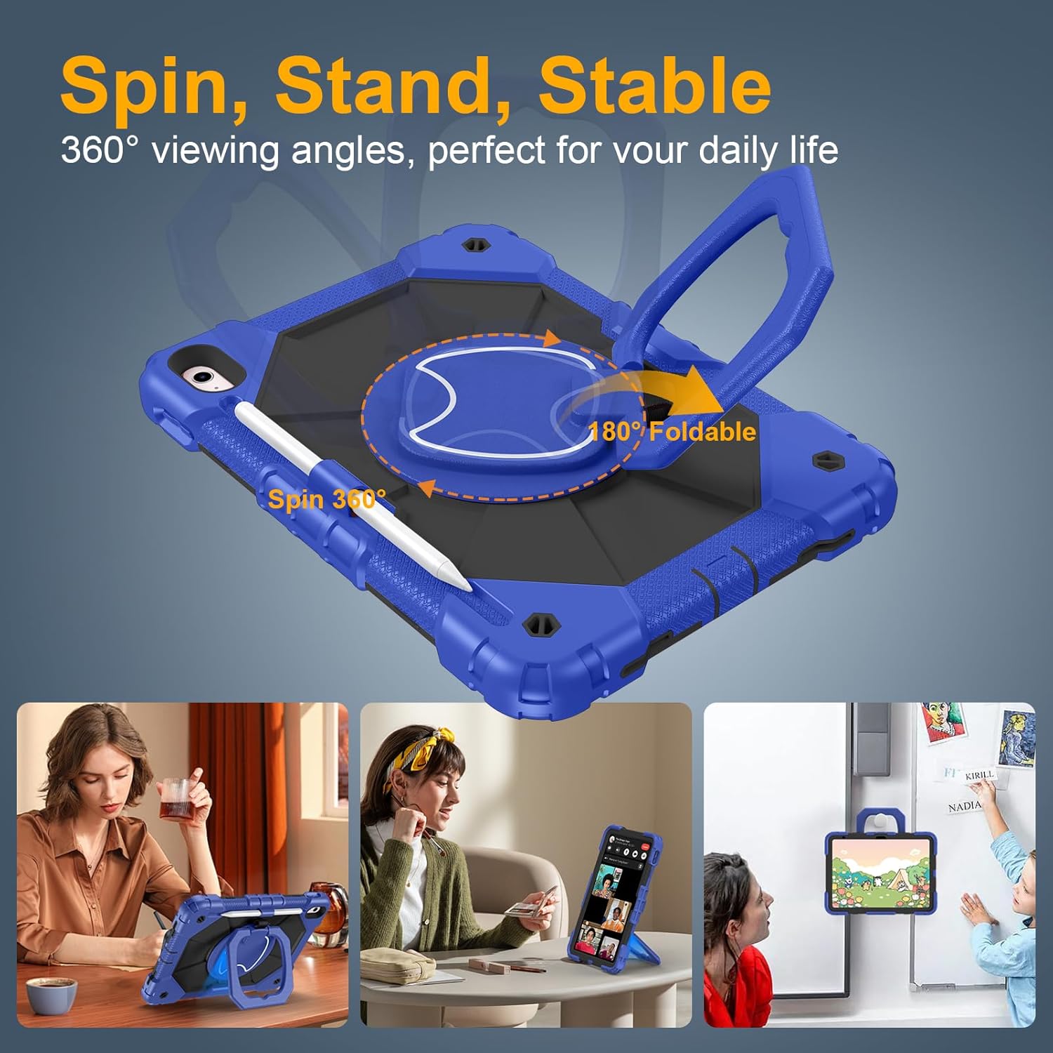 Case for iPad A16 11th Generation 11 Inch 2025, Auorld for iPad 10th Generation 10.9 inch 2022 case with Screen Protector, 360 Degree Rotating Stand Shoulder Strap Pencil Holder, Navy Black