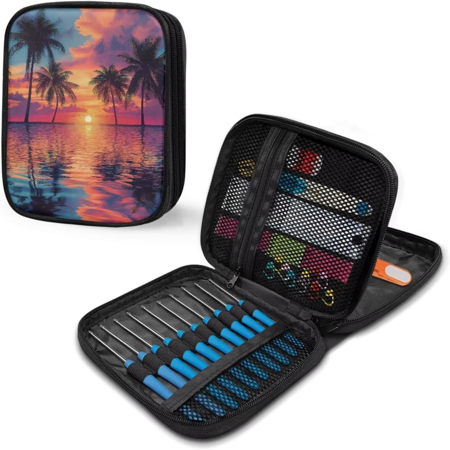 YUVAMAGIMO Beach Crochet Hook Organizer with Mesh Pouch Needle and Thread Zipper Bag Easy to Carry Travel Knitting Needle Organizer Knitting Accessory Kit for Sewing Supplies