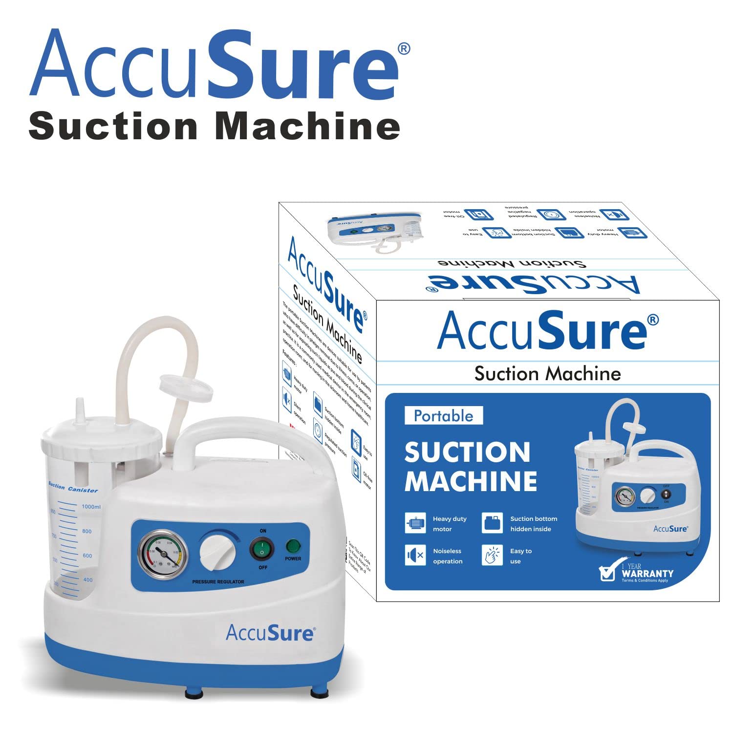 AccuSure Premium Quality Electric Oil-Free Low Noise Single Jar Portable Phlegm Suction Machine, White AccuSure Premium Quality Electric Oil-Free Low Noise Single Jar Portable Phlegm Suction Machine, White