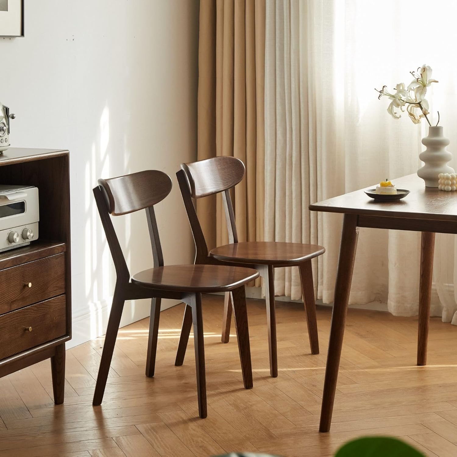 Mid Century Oak Wood Dining Chair, 100% Solid Wood Kitchen Chair with Rounding Edges & Curved Backrest, Modern Armless Accent Dining Chairs for Kitchen Dining, Walnut