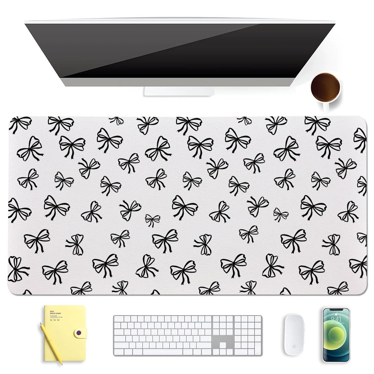 BlHMCASE Cute Black Bow White Extended Gaming Keyboard Mouse Pad, Non-Slip Leather Home Office Desk Mat Protector, Laptop Desk Pad Writing Pad