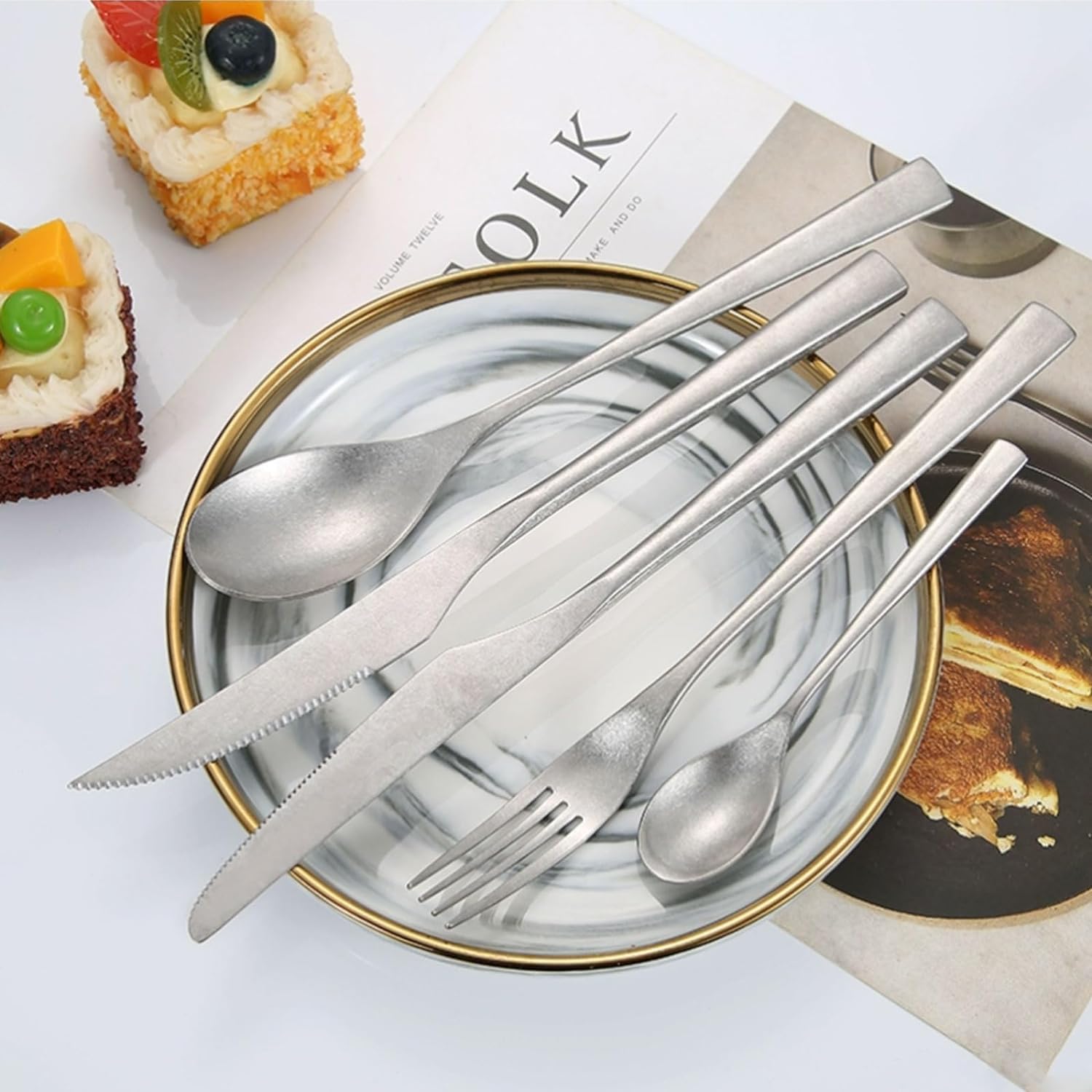 Rieort Ensemble de Couverts 4 pièces Couteau Fourchette cuillère en Acier Inoxydable fourchettes à dîner Ensemble d'argenterie réutilisable Couteaux à dîner cuillères de Table de Cuisine