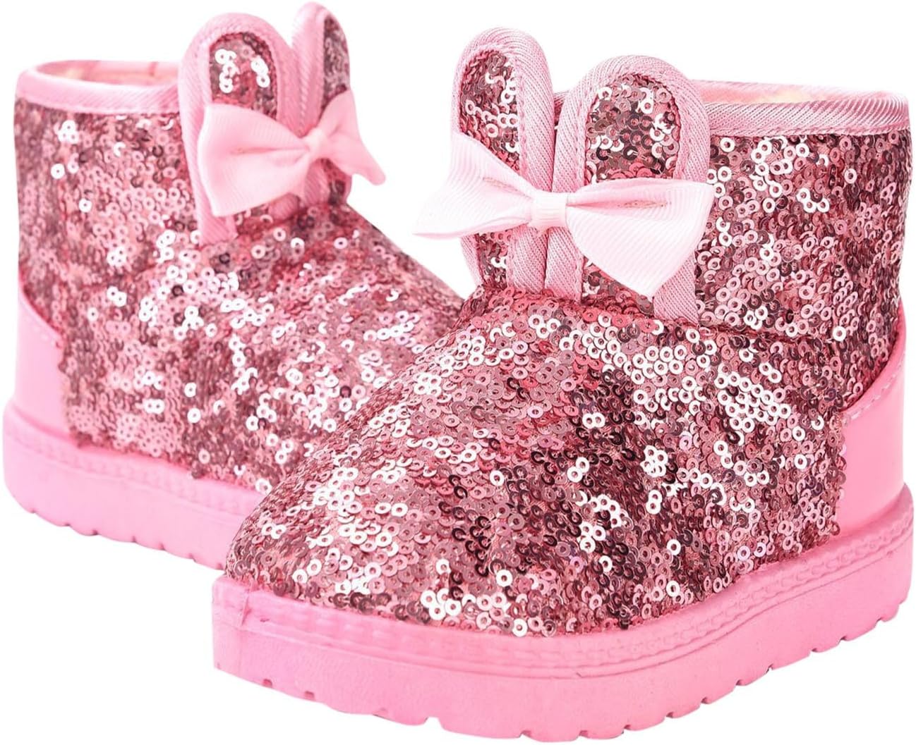 Kids' Winter Snow Boots with Sequin - Fleece-Lined Thickened Solid Short Boots for Girls, Water-Resistant Snow Shoes