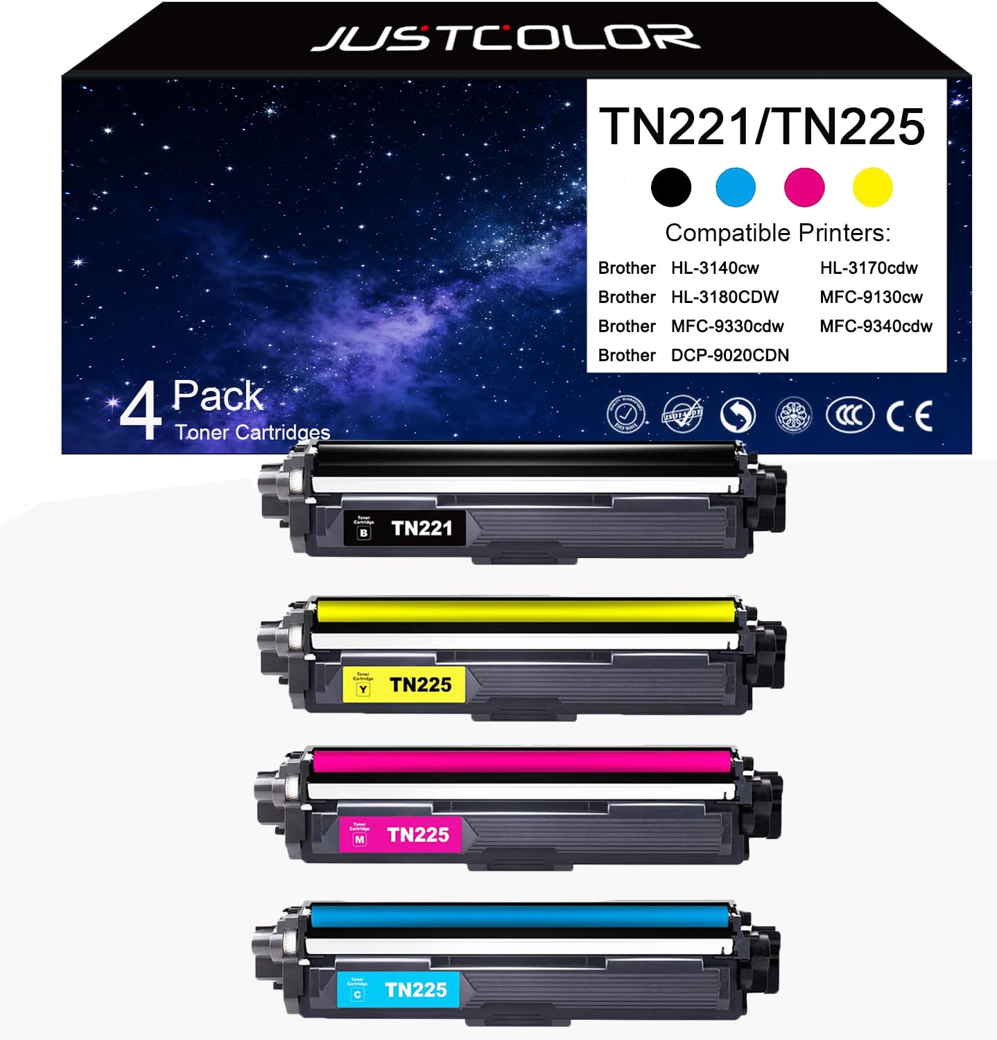 JUSTCOLOR Compatible Toner Cartridge Replacement for Brother TN221 TN225 to Use with HL-3140CW HL-3170CDW HL-3180CDW MFC-9130CW MFC-9330CDW MFC-9340CDW (1 Black, 1 Cyan, 1 Magenta, 1 Yellow) 4 Pack