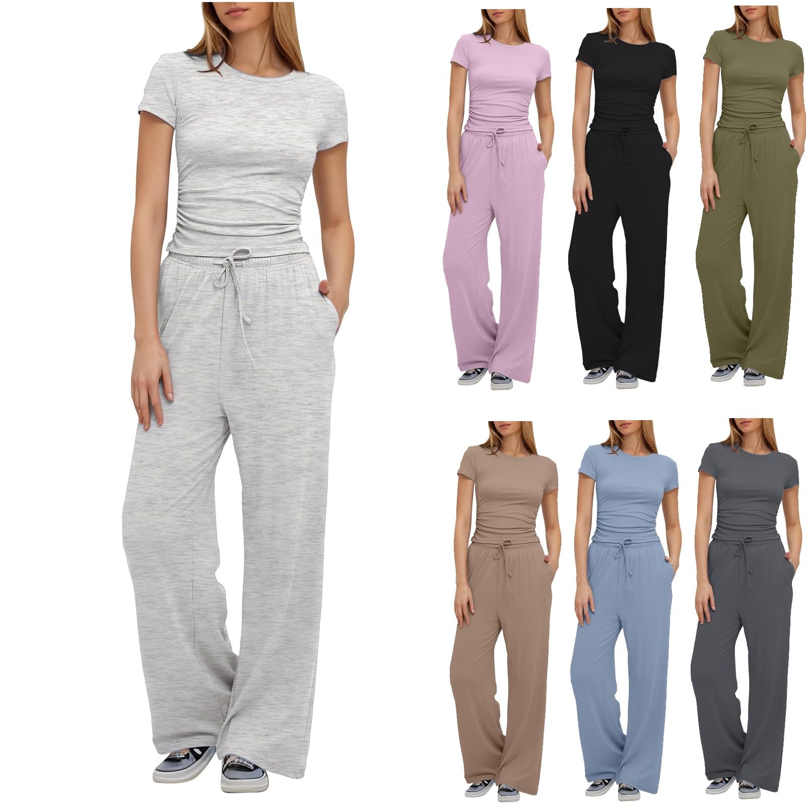 Tuta da donna sportiva elegante – Tuta da jogging a maniche corte, tuta da jogging a gamba larga + top Y2K Crop Top tinta unita elegante set sportivo yoga set estivo