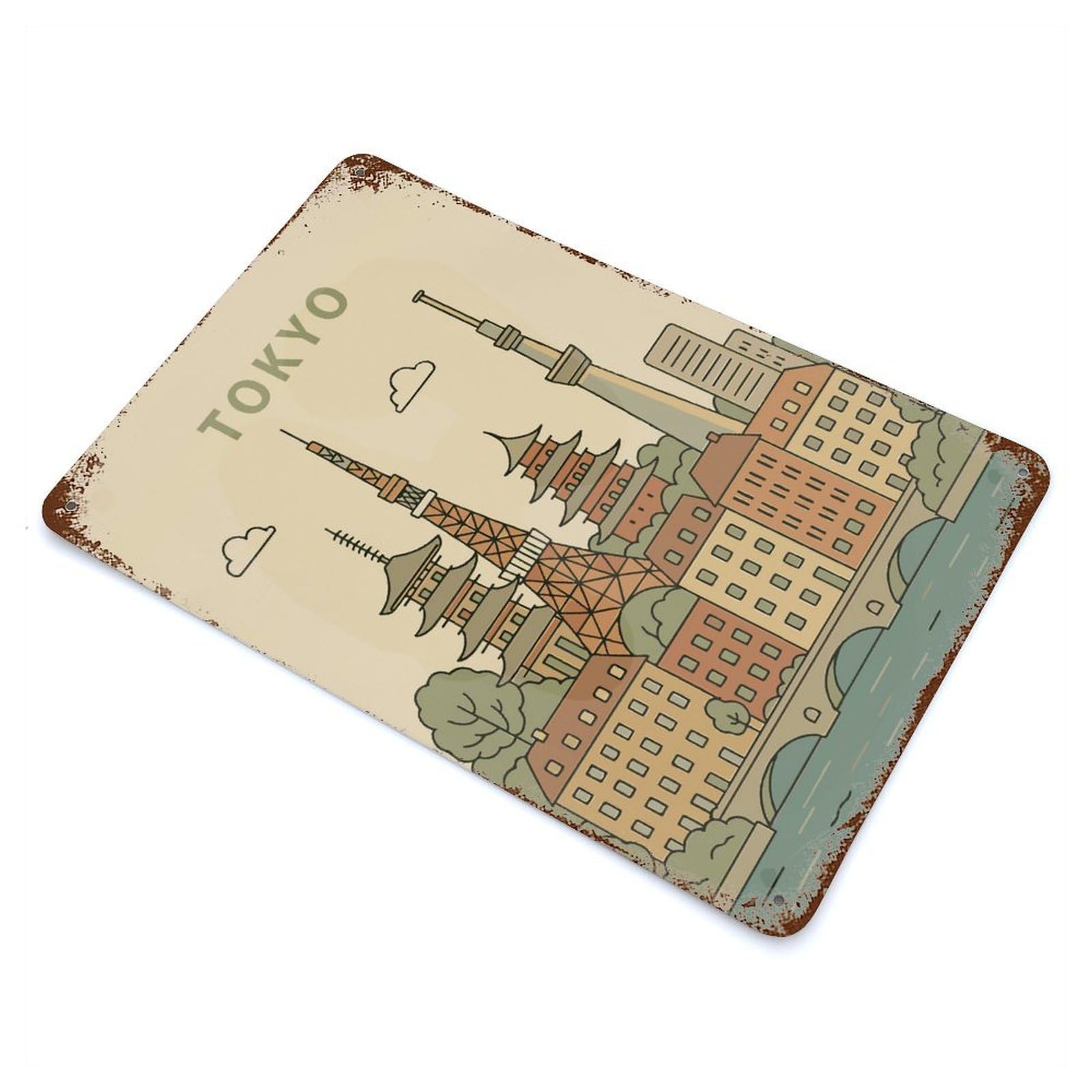 Rust Effect Tokyo Vintage Illustration Decorative Tin Sign 11.8"x7.9", Vintage Wall Decor for Farmhouse, Kitchen And Entryway Decor