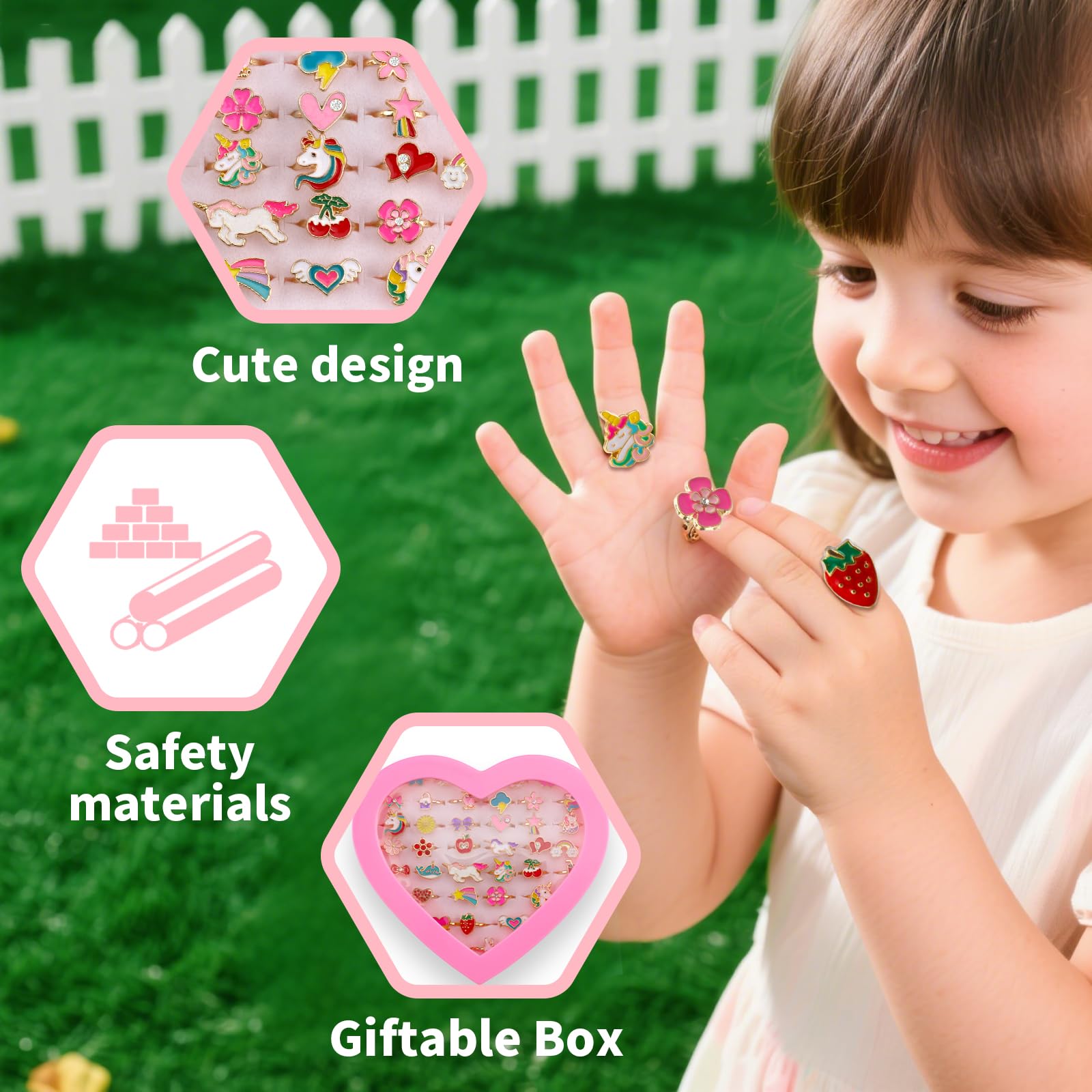 Foydream Pack of 36 Adjustable Children's Rings for Girls, Pink Unicorn, Heart Shape Display Case, Perfect for Children's Birthday Party Favours 3