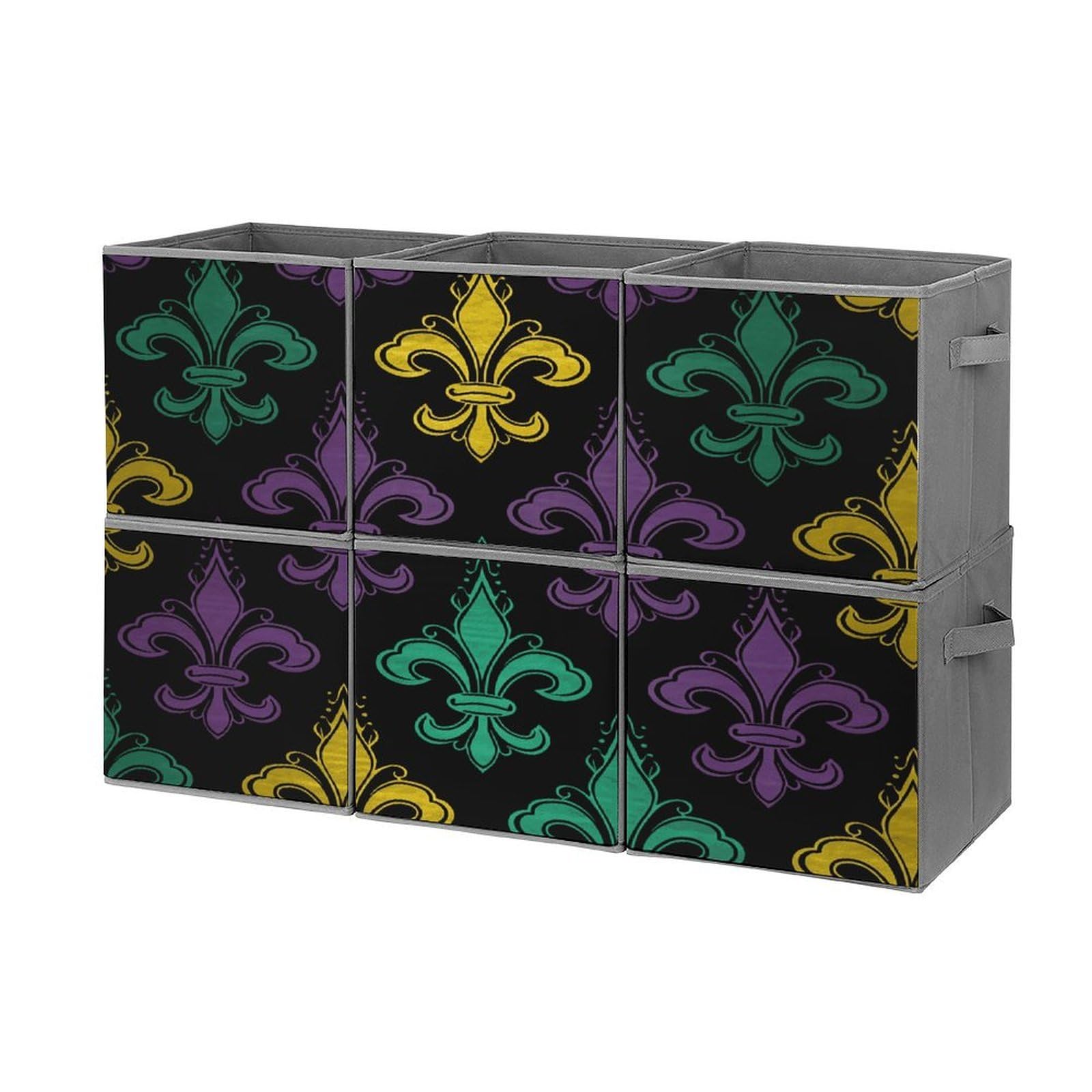 Btcowzrv Style 3D Fleur De Lis Mardi Gras Storage Cubes, 6 Pack Oxford Fabric Foldable Collapsible Bins With Handles, Cubby Storage Baskets Boxes For Closet Shelves Office Organization