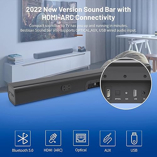 Miniatura 2 de BESTISAN Barra de sonido de TV, barra de sonido de 100 vatios para TV, barras de sonido inalámbricas con HDMI-ARC y BluetoothópticoAUXUSB. Altavoces