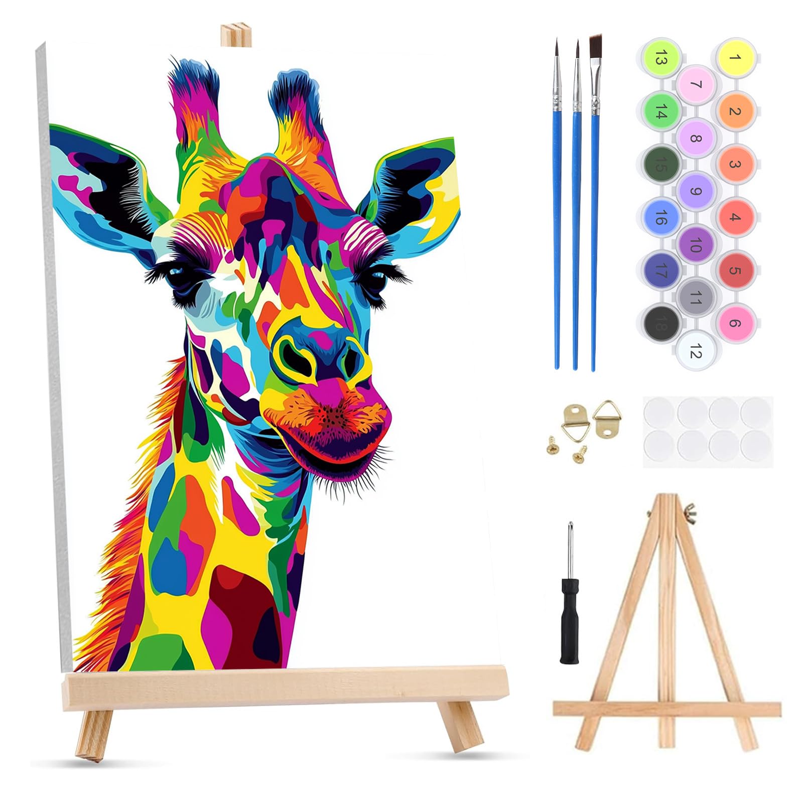 QENSPE Paint by Numbers for Adults on Framed Canvas - with Wooden Easel, Colorful Giraffe Painting by Number Kit for Beginners, DIY Animal Acrylic Oil Painting for Home Wall Decor 8x12 Inch