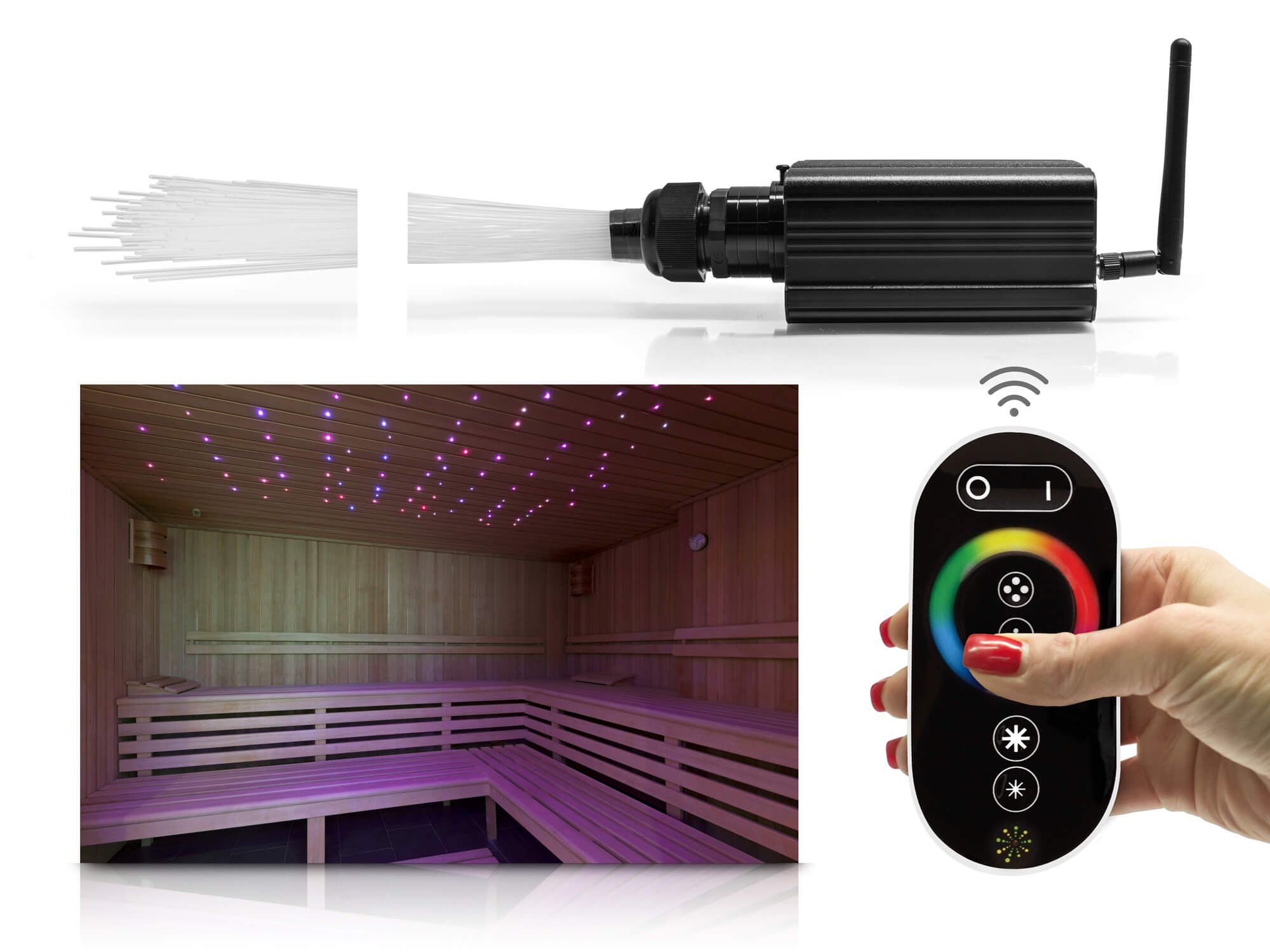 LED Universum juego de cielo estrellado, cable de fibra óptica RGB con generador de luz, mando a distancia por radio y fuente de alimentación con 150 puntos de luz, 16W, para piscina y sauna