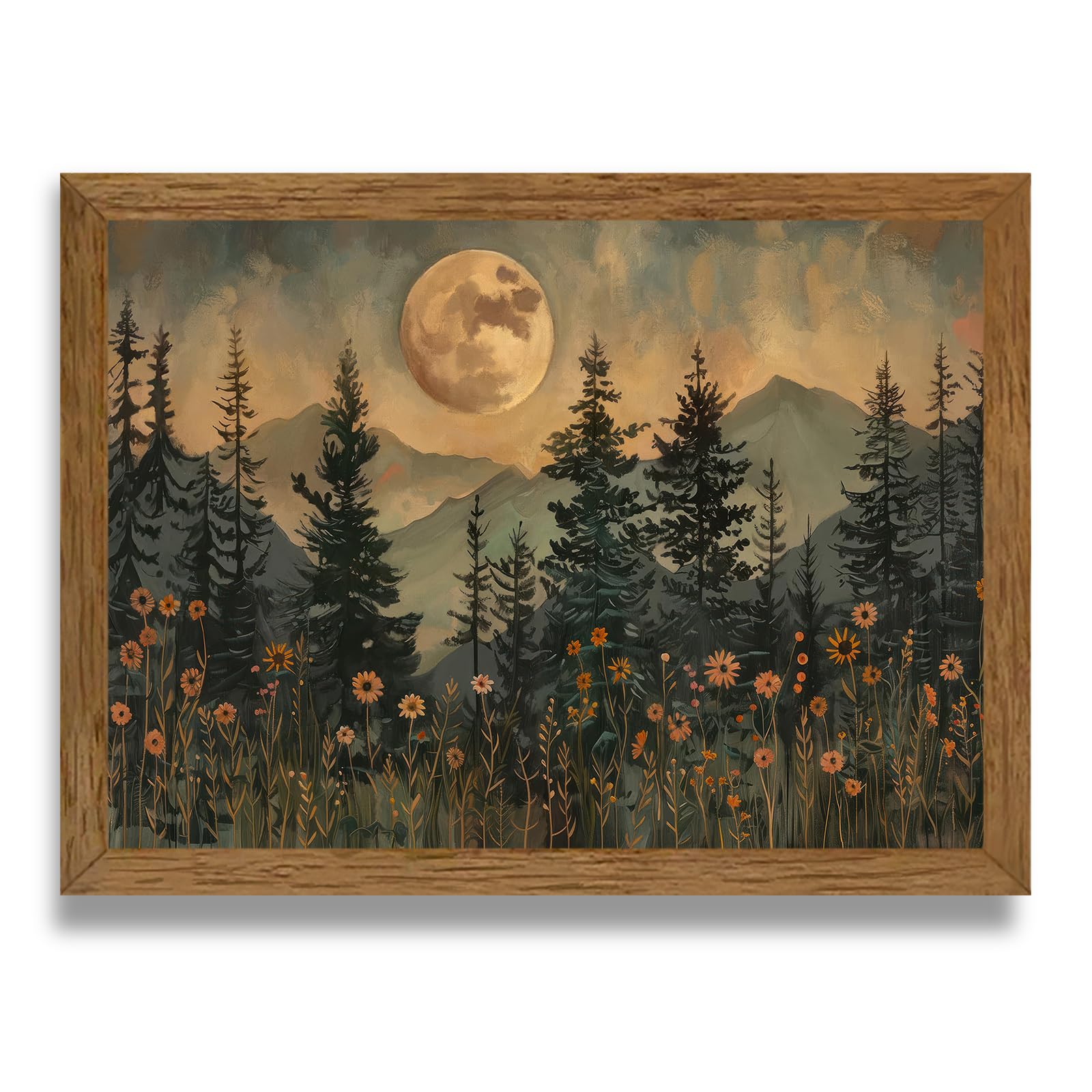 JLTULT Framed Vintage Moon Forest Canvas Wall Art, Moonlight Pine Tree Flower Wall Decor, Woodland Wildflower Picture Prints Artwork for Bedroom Living Room Office Decoration 12x16 inch Easy to hang