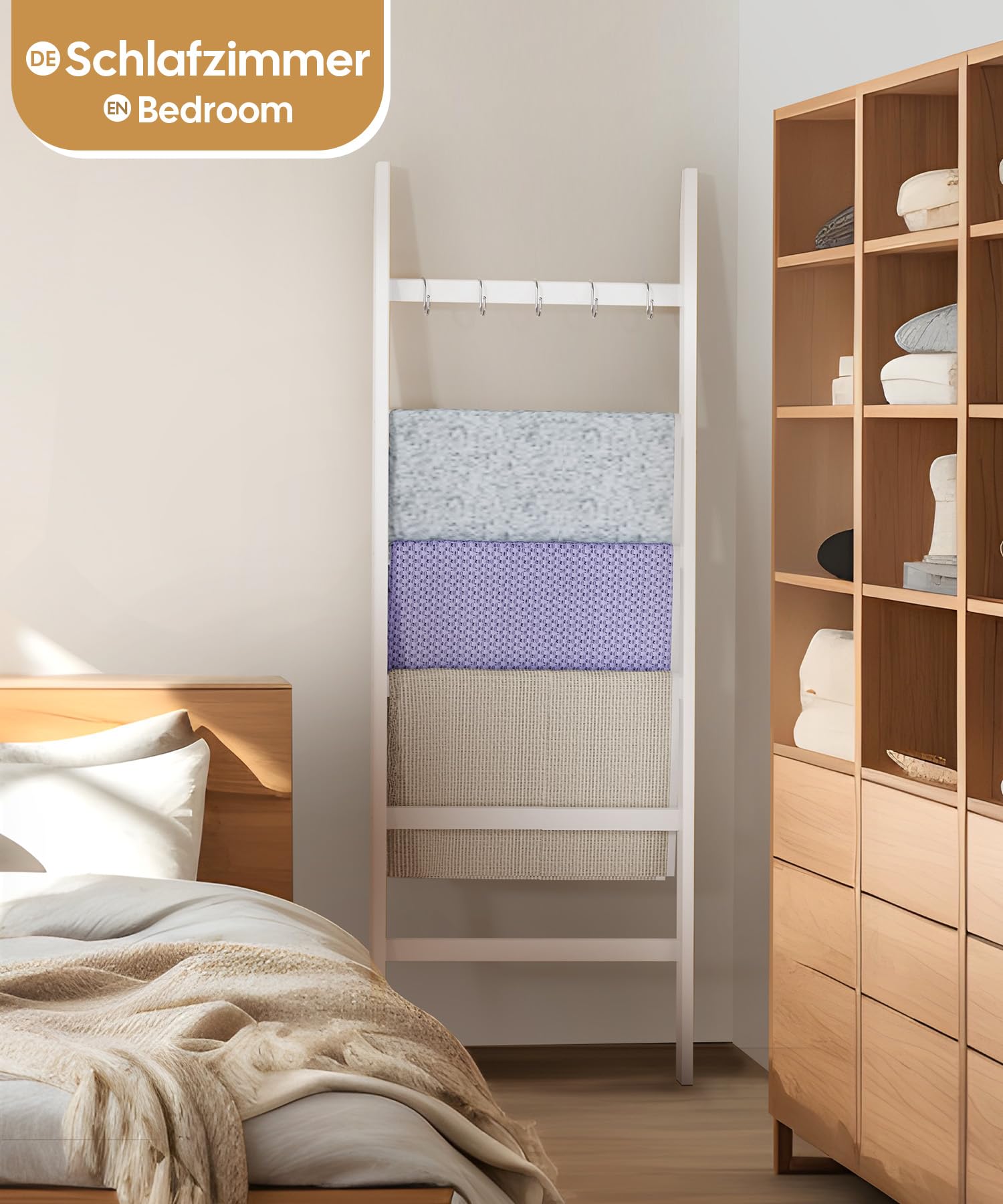 Yorbay Scala Portasciugamani in Bambù a 6 Pioli: Scala Porta Abiti con 2 Cinghie di Sicurezza e 5 Ganci - Portasciugamani Decorativa per Bagno Camera da Letto Piscina HxB 170 x 60 cm (Bianco)