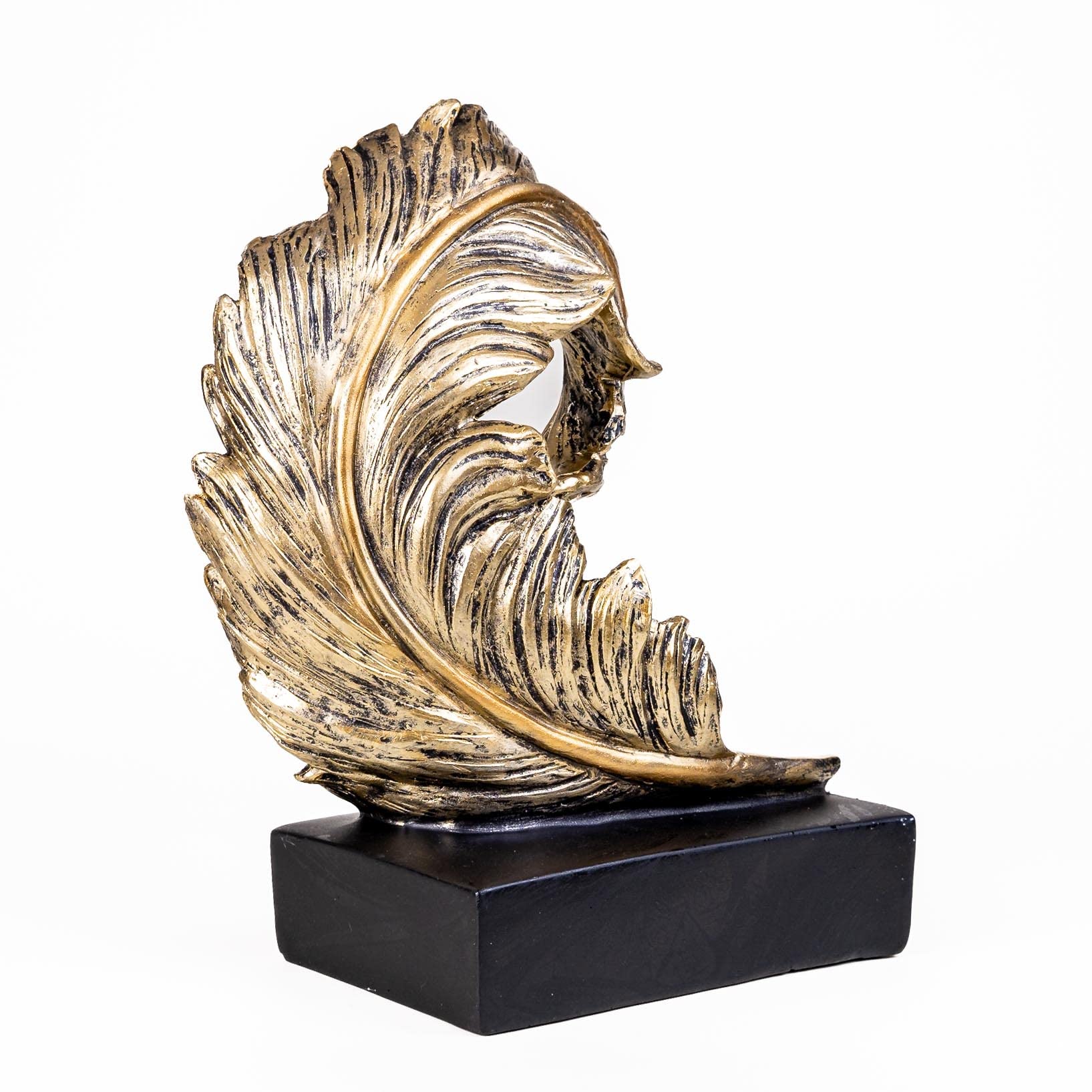 IDYL Moderne Skulptur Figur Resin Feder auf Sockel | goldfb. | Masse: 30x20x11 cm | Material: Polyresin (Kunststein) | Dekoration für den Wohnbereich
