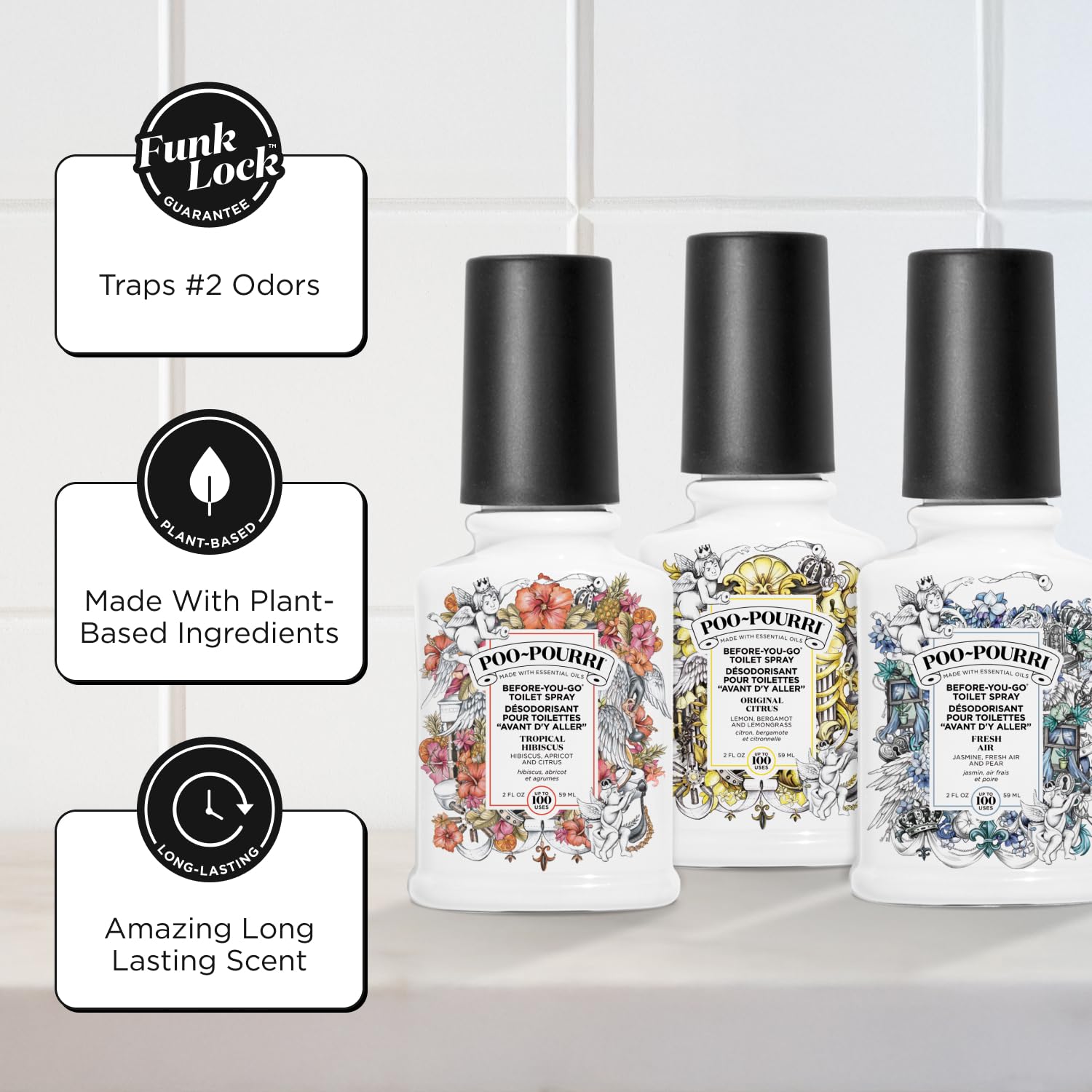Pourri Bright & Tropical Ambientadores de baño – The Getaway Kit – 3 mini aromas de baño – Uso como ambientador de inodoro o desodorante de baño – Aire fresco, cítricos e hibisco tropical (3 unidades,