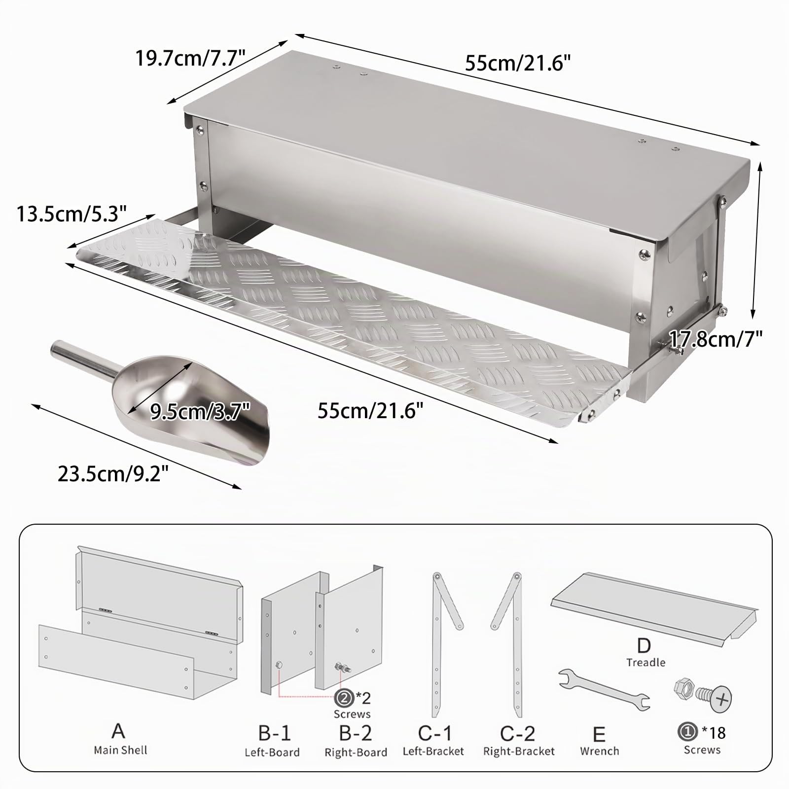 Mangeoire Automatique à Pédale 5kg en Métal pour Volailles, Distributeur de Nourriture avec Couvercle et Cuillère Métallique, Mangeoire Extérieure pour Poulets, Canards, Poulaille
