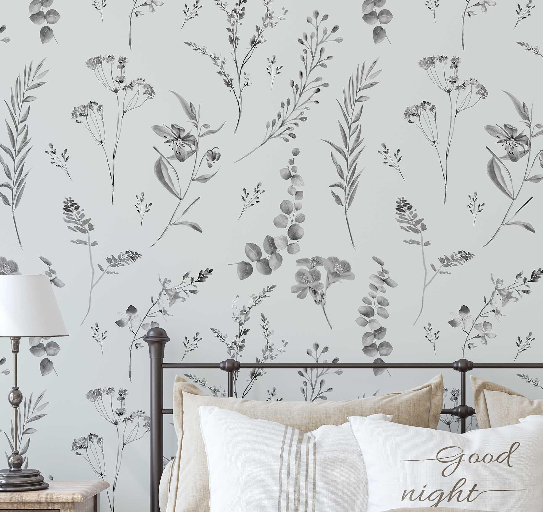 Papier peint pour mur d'entrée S4Sassy : vinyle gris au motif botanique aquarelle
