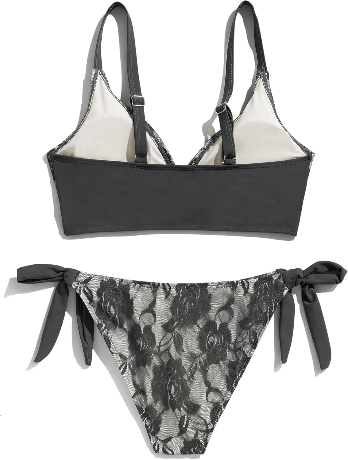seamoly 2 Pieces Lace Bikini V-Neck Swimsuits for Women Tie Side Bikini Set Classic Black L - Image 3