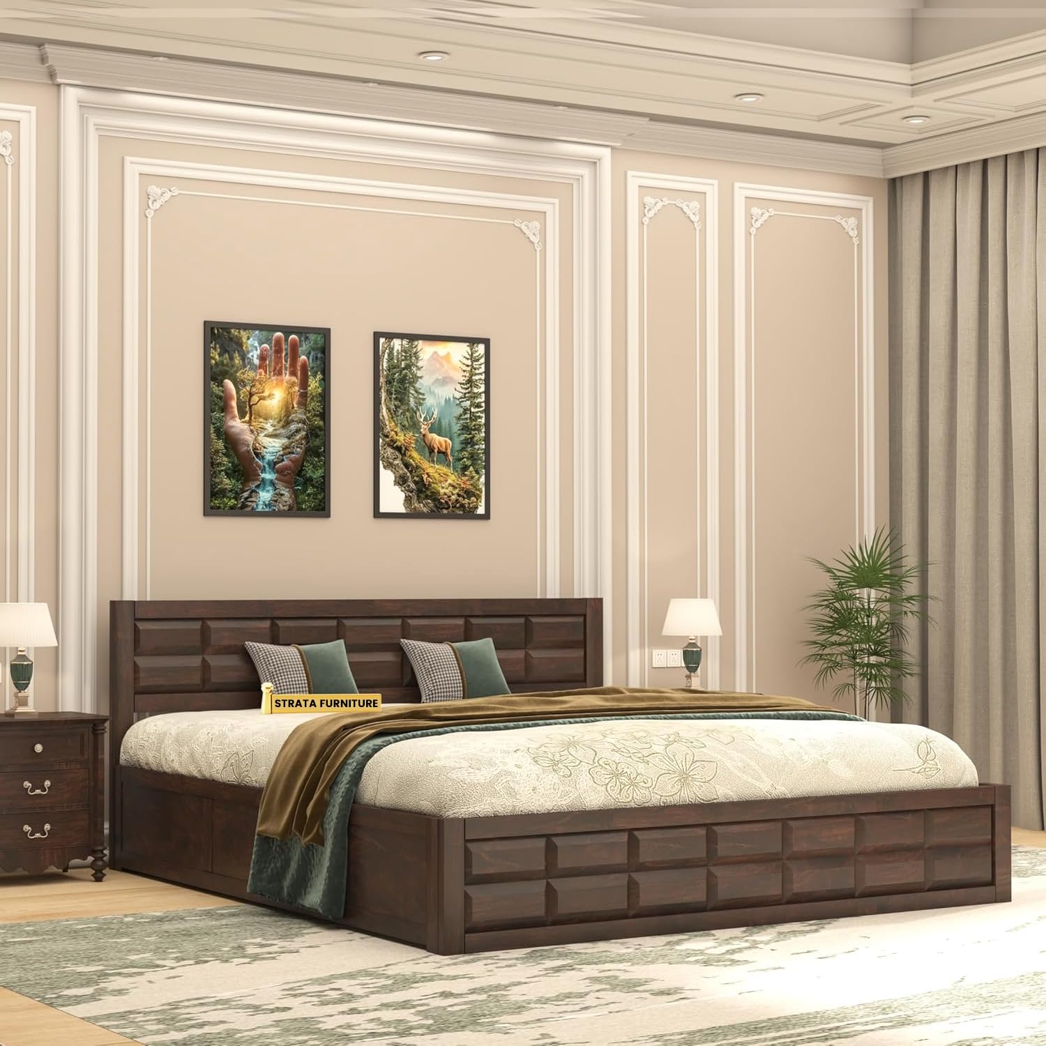 STRATA FURNITURE Solid Sheesham Wood Queen Size Bed with Box Storage | Wooden Double Bed Cot Palang Furniture for Bedroom Living Room and Home (Walnut Finish)-picture-19