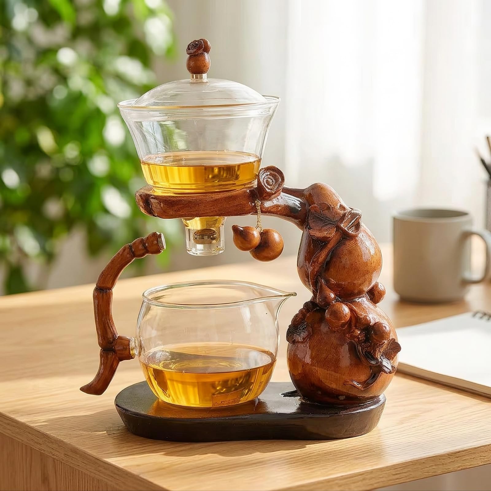 Dispositif d'Infusion Gourd Central Théière Infuseur Carafe Tasse Réceptrice en Verre Borosilicaté avec Socle Bois et Poignée Courbée Infusion Visible