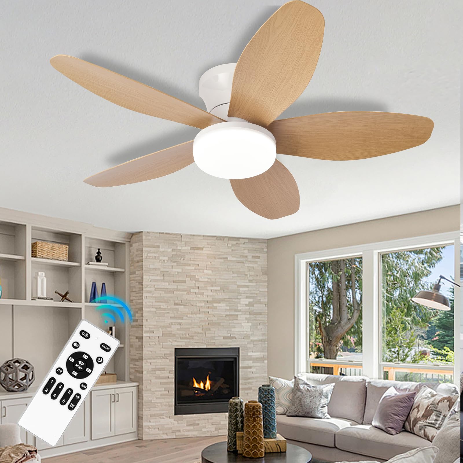 Ventilatore da Soffitto con Luce e Telecomando Soggiorno Lampadario Ventilatore da Soffitto a 5 Pale Dimmerabile Per Camera da Letto Reversibile, 6 Velocità, Motore DC-White-Wood||88CM