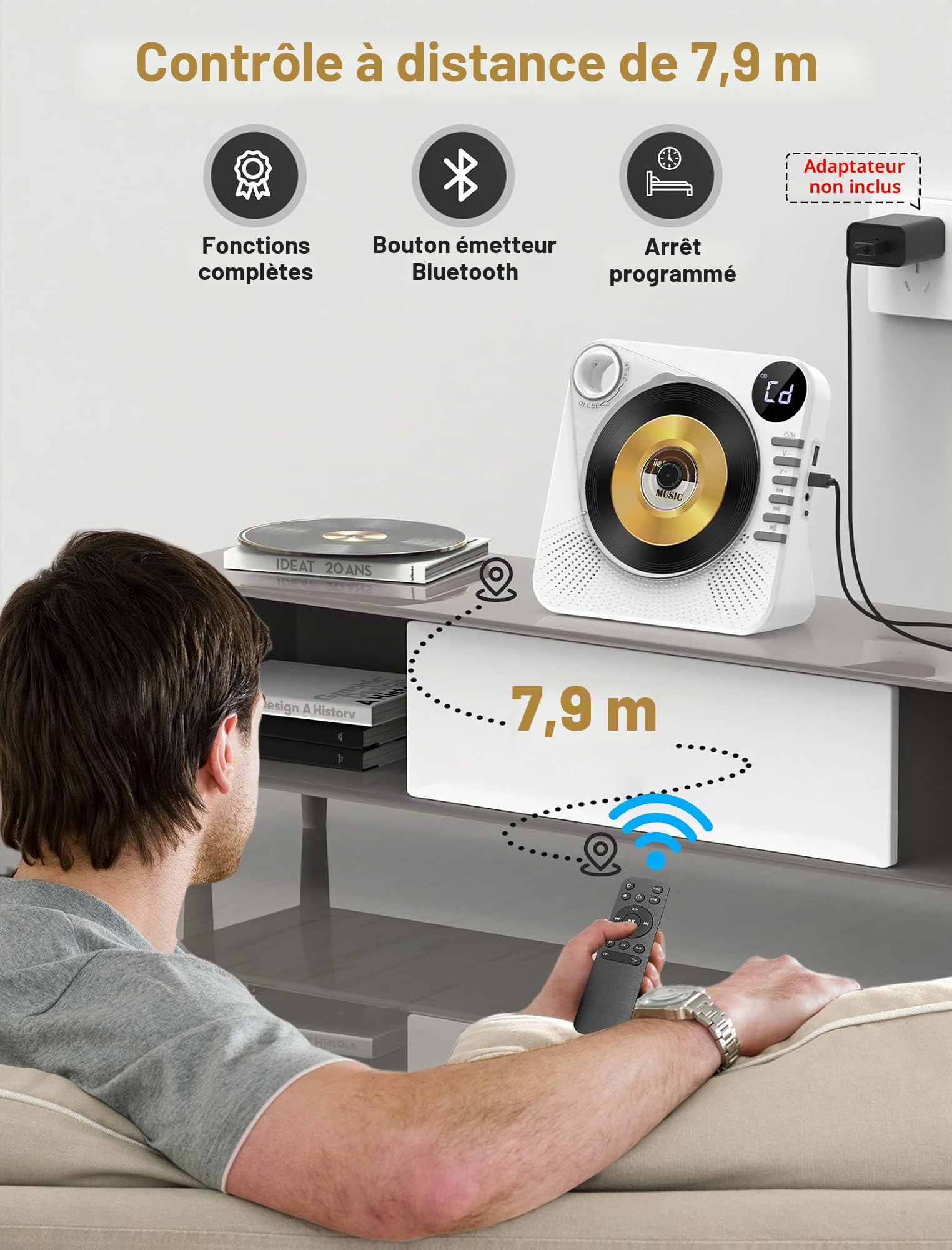 Lecteur CD Portable Greadio avec Bluetooth 5.1, lecteurs CD pour la Maison, Lecteur CD avec Haut-parleurs, télécommande, Housse de Protection, écran LED, Son Hi-FI, Lecture Via AUX/USB (Blanc)