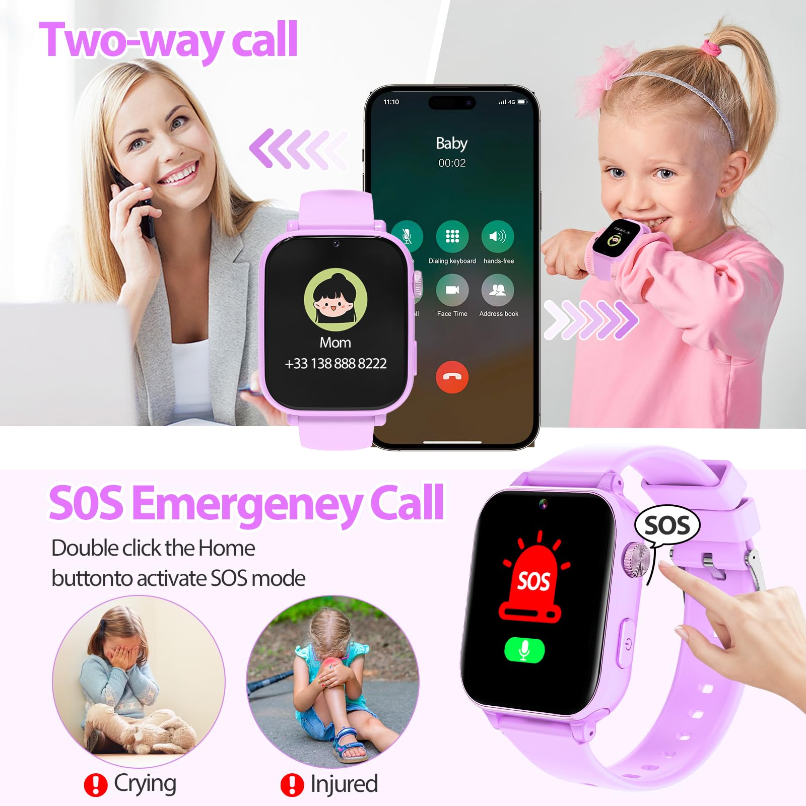 Alutoria 4G Smartwatch Bambina, Orologio GPS Bambini, Con Videochiamata e Telefono, WIFI/GPS/LBS Contapassi/Ricevi SMS SOS Modalità Scuola Sveglia, Regali per Bambini Dai 4 Anni in Su, Viola tenue
