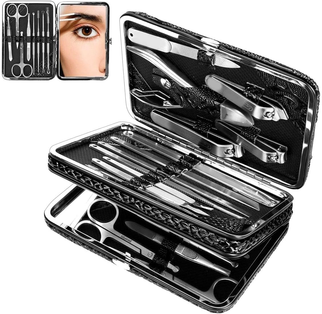 Manicure Set, 21pcs Nail Clippers Pedicure Kit Stainless Steel Professional Manicure Kit for Men Women Nail Care Tools Personal Home Travel Grooming Kits with Leather Case (Black)