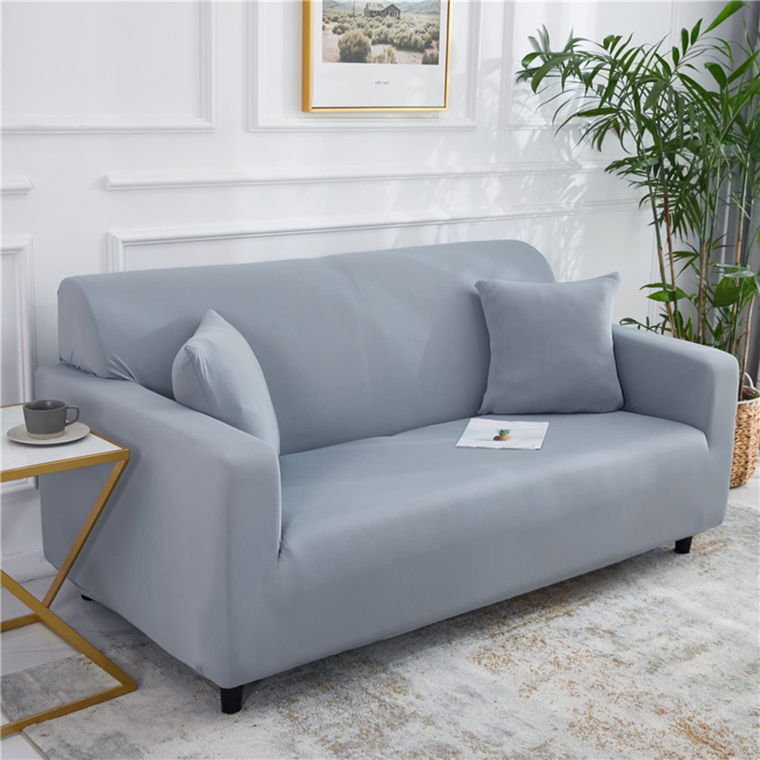 Copridivano universale lavabile in seta di latte, elasticizzato, colore grigio chiaro, per divano a 4 posti (235-300 cm), perfetto per l'arredamento della casa e i proprietari di animali domestici