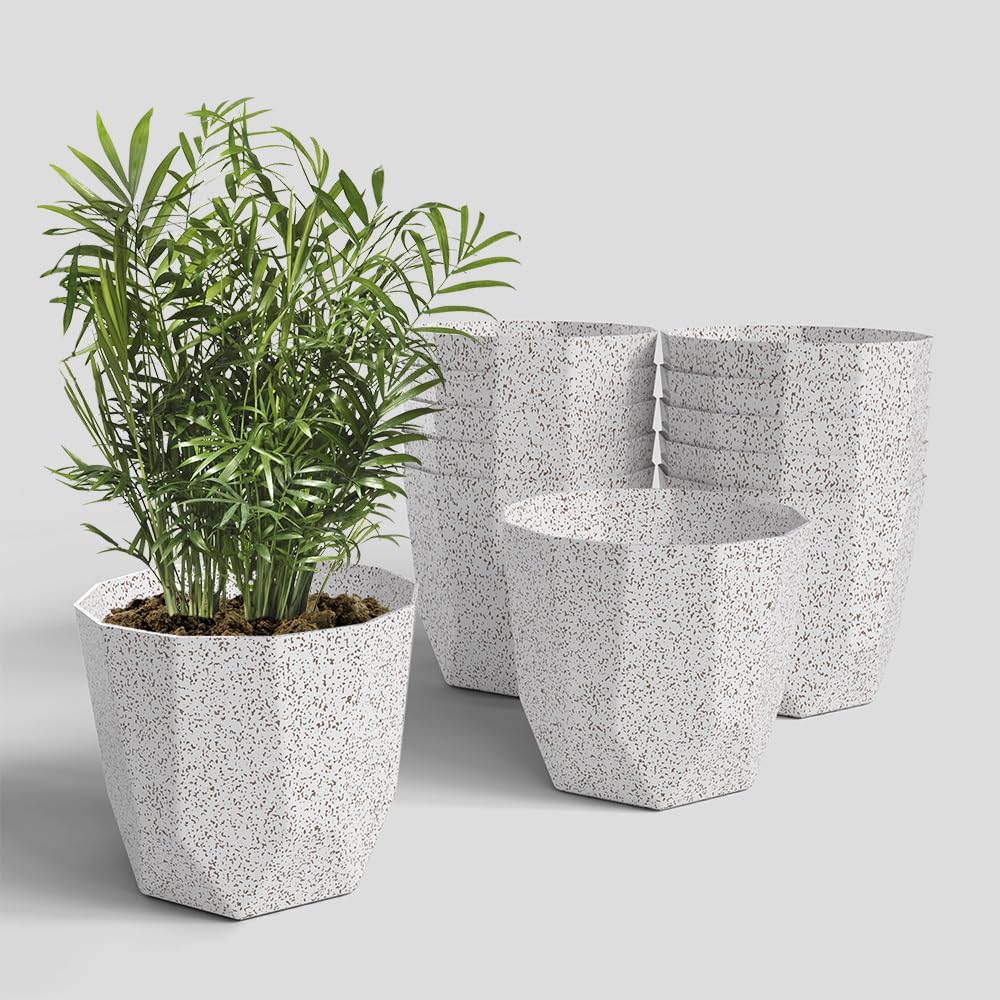 YUCCABE ITALIA SHERA Hexa Plastic Flower Pot with Drainage Holes Round Planter Pot Suitable for Indoor Outdoor Kitchen Garden (Marble White, 12 INCH - 12 Pcs)-image-7