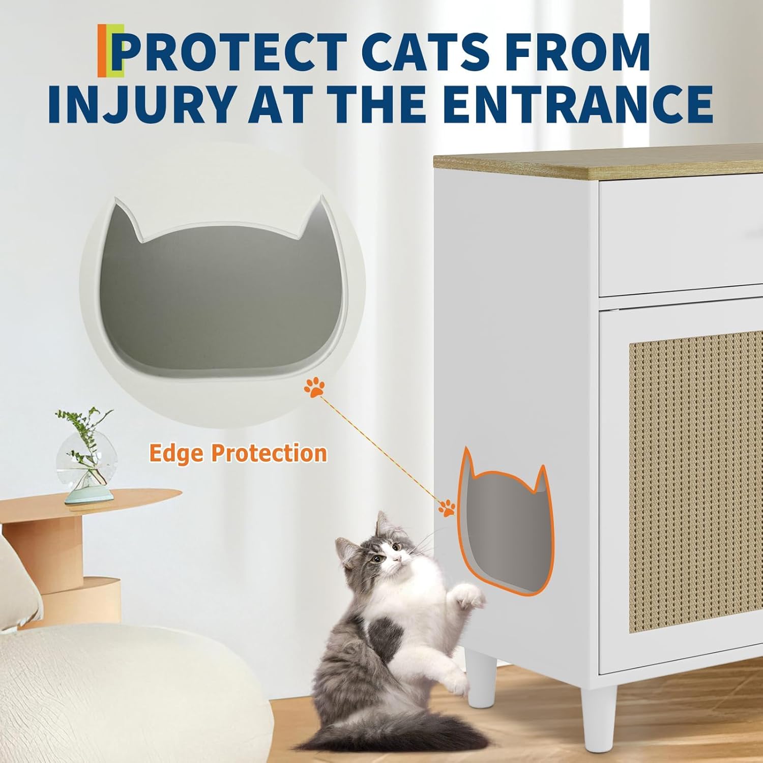 Tall Cat Litter Box Enclosure Furniture, 31.5'' Corner Hidden Cat Litter Box Cabinet with Storage Drawer and 2 Sisal Doors, Dog Proof Cats Kitten Cabinet White