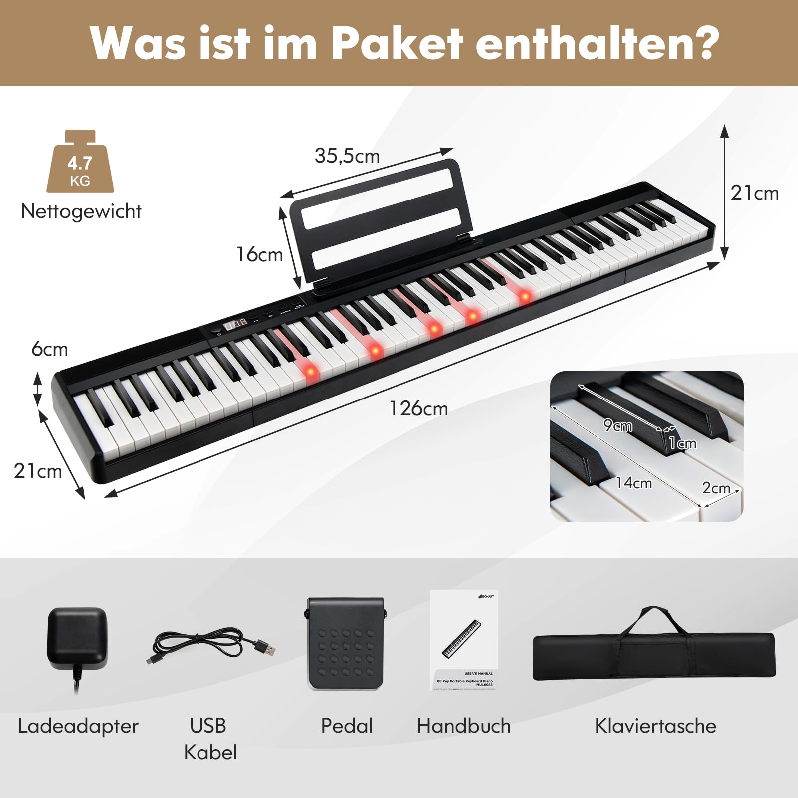 GOPLUS Pianino cyfrowe z 88 klawiszami, keyboard w pełnym rozmiarze, przenośne pianino elektryczne z torbą, pedał mocujący, funkcja dzielenia, Bluetooth i tryb nauczania, idealne dla dzieci i