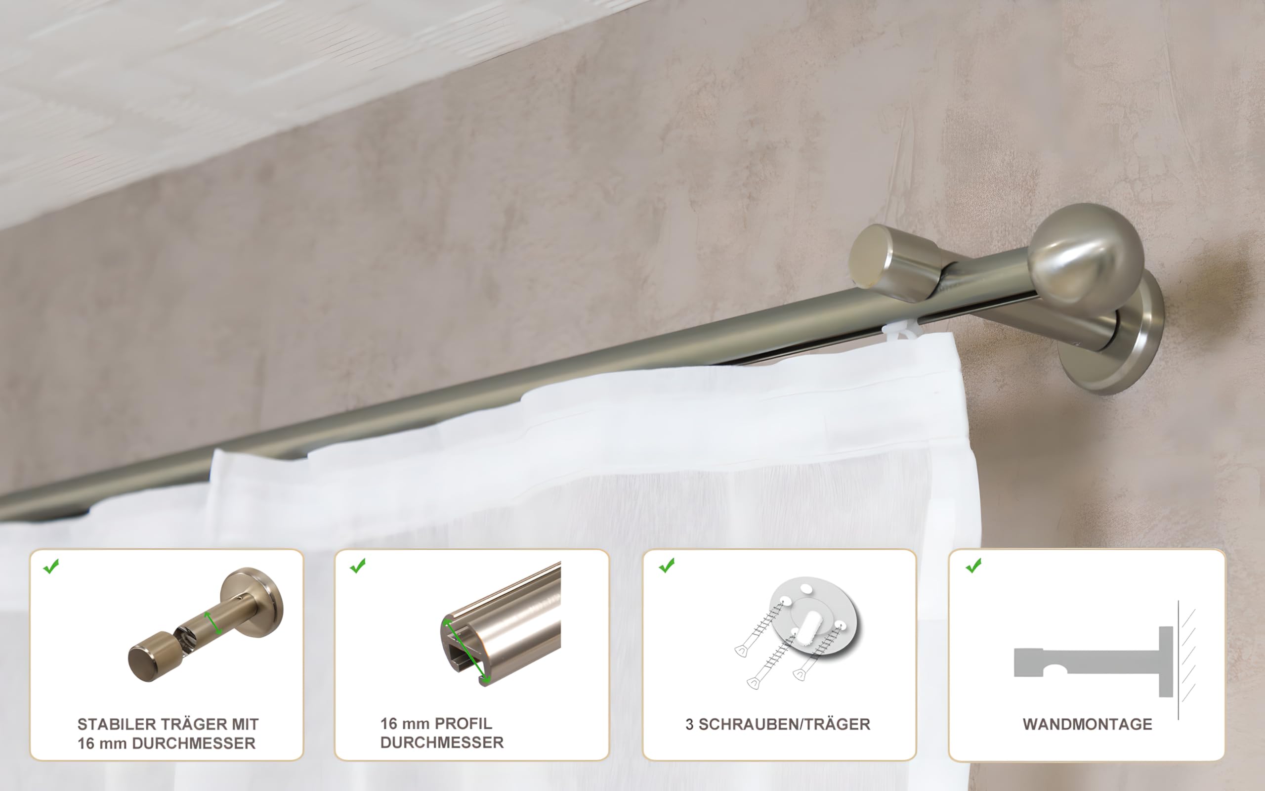 Gardinenstange mit Innenlauf Farbe Edelstahl 16 mm Endstück Kugel Wandabstand 7 cm Innenlaufstange aus Aluminium, Wandmontage, 180 cm