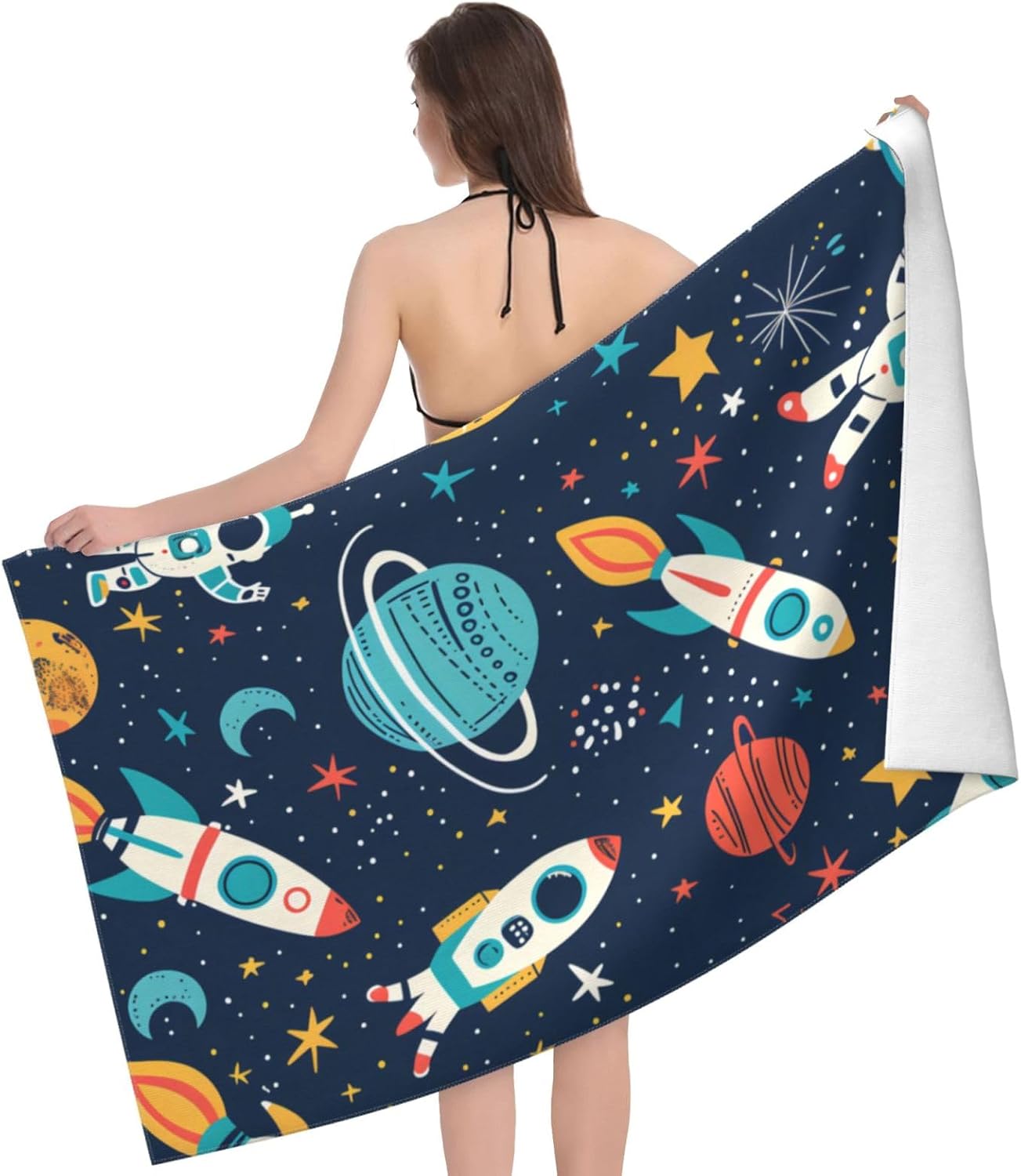 Space Adventure Beach Towel,32x52in Microfiber Quick Dry Cute Astronaut Rocket Planet Cool Bath Towels,Soft Lightweight Oversized Sand Free,for Travel Pool Swimming Gym Decor,Gifts Boys