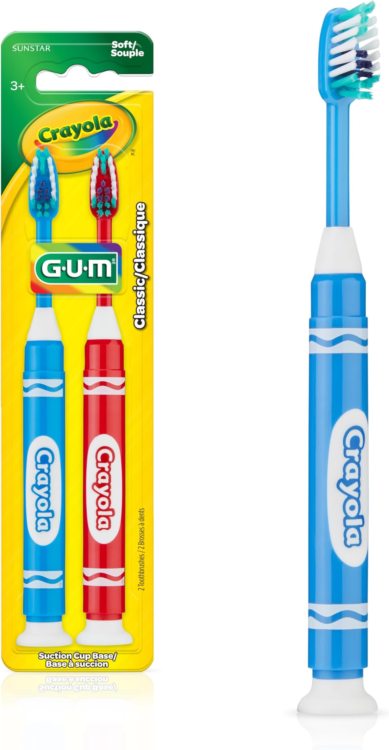 GUM Crayola Marker Kids Toothbrush, Soft-Bristle Toothbrush with Suction Cup Base for Ages 3+, 2 Count